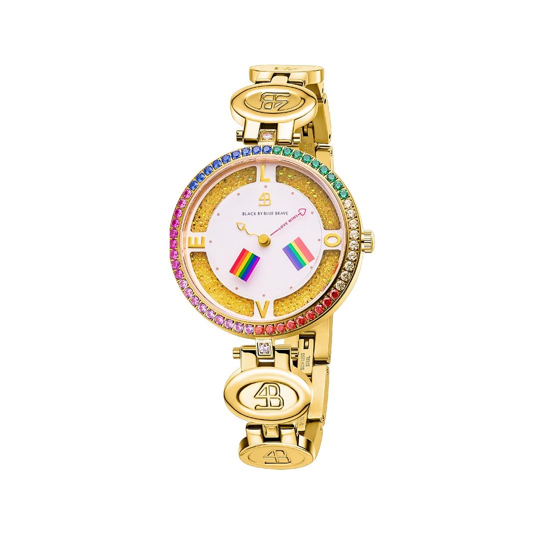 Love Wins 34mm Gold Dial Moving Rainbow Flag Bracelet Watch