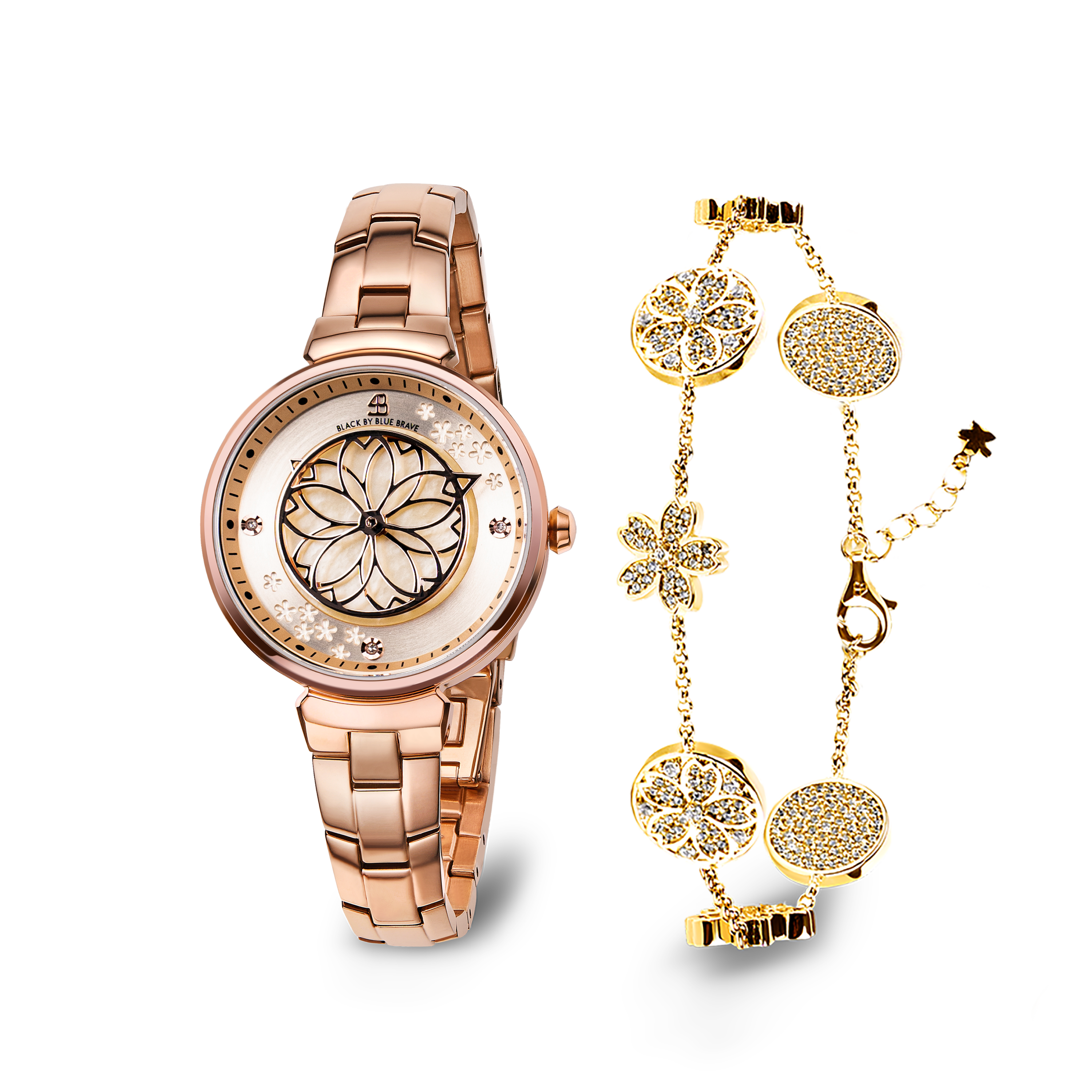 Champagne Cherry Blossom Rose Gold Bracelet Watch With Gold Cherry Blossom Symphony Bracelet - BLACK BY BLUE BRAVE