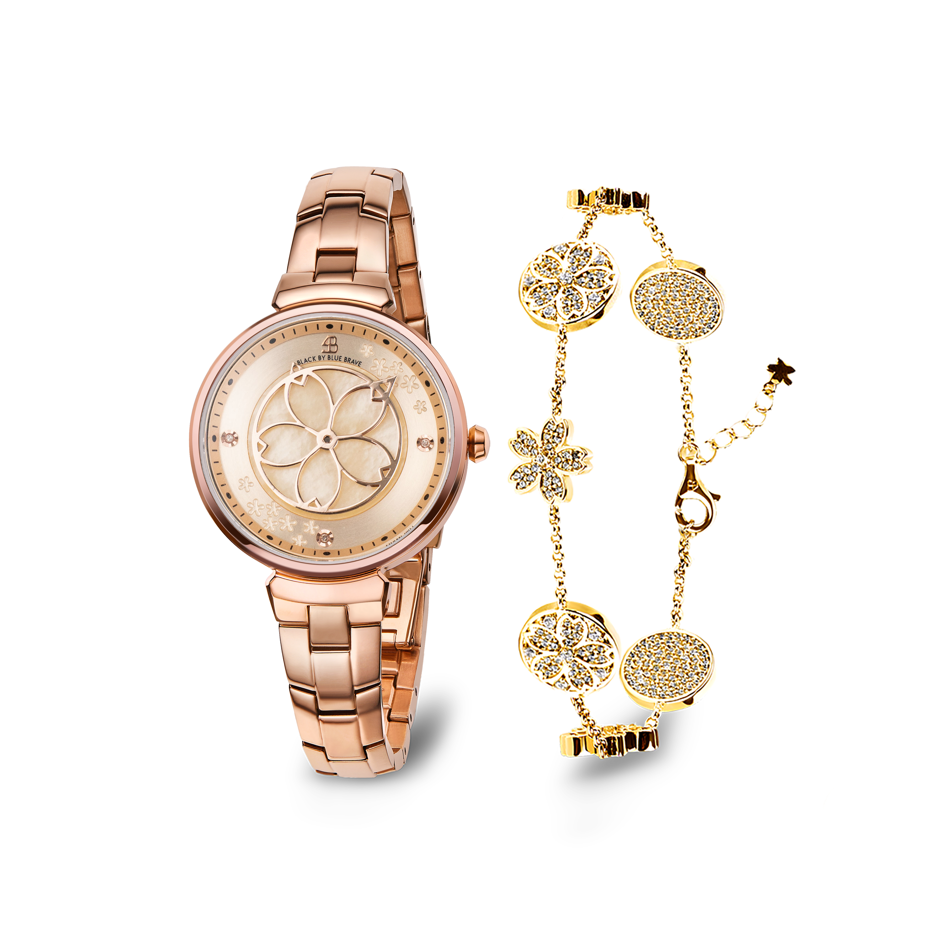 Champagne Cherry Blossom Rose Gold Bracelet Watch With Gold Cherry Blossom Symphony Bracelet - BLACK BY BLUE BRAVE