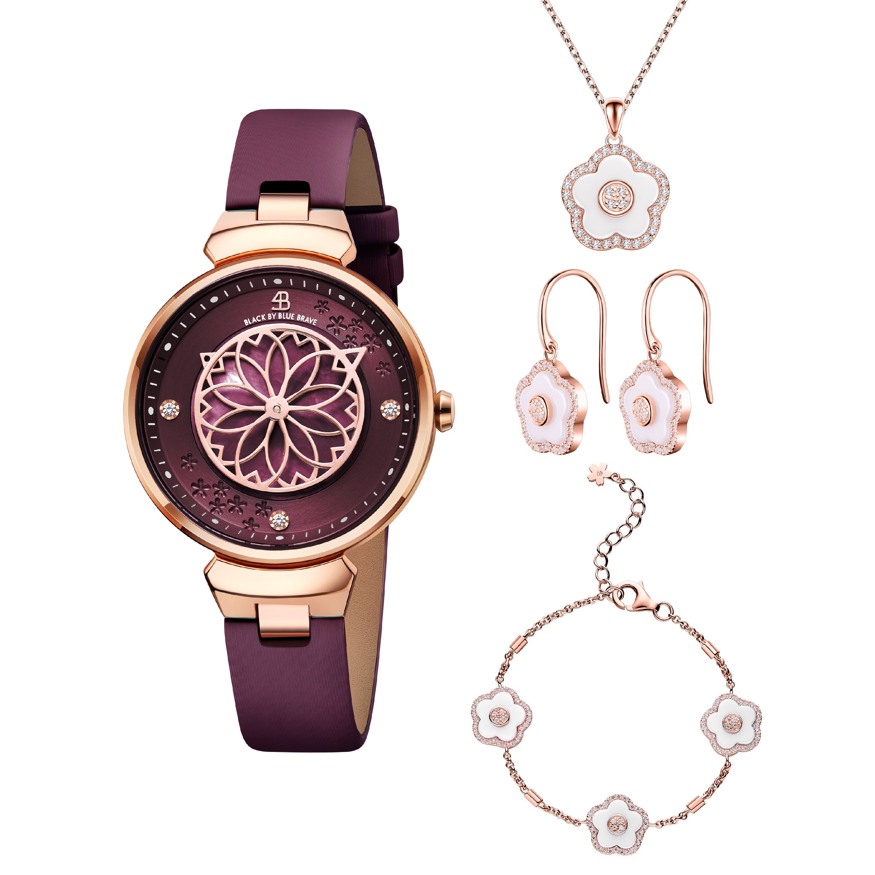Blue Cherry Blossom Watch With Flower Ceramic  Jewelleries（Earrings & Bracelet & Necklace）
