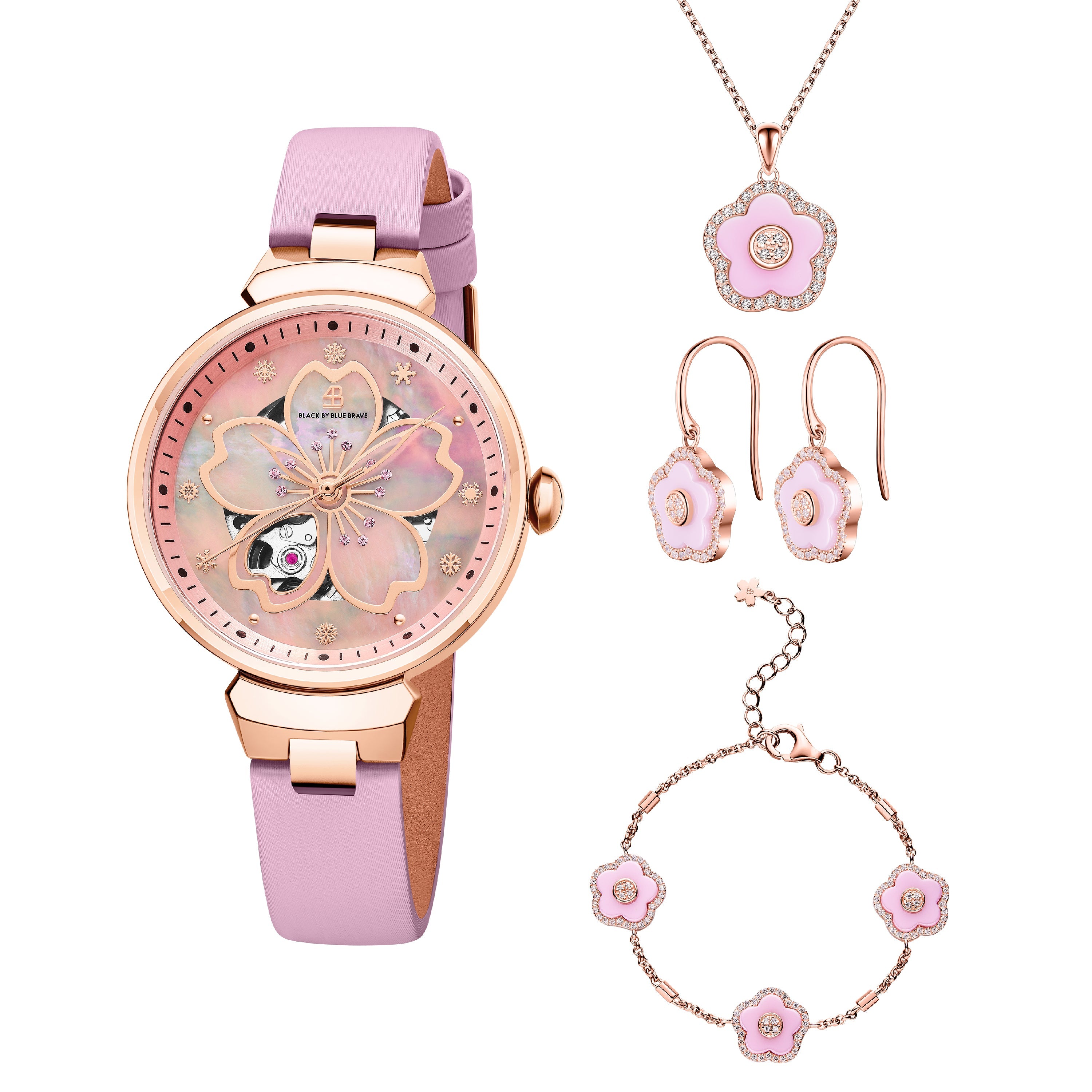 Blue Cherry Blossom 36mm Automatic Watch & Flower Ceramic  Jewelleries（Earrings & Bracelet & Necklace）
