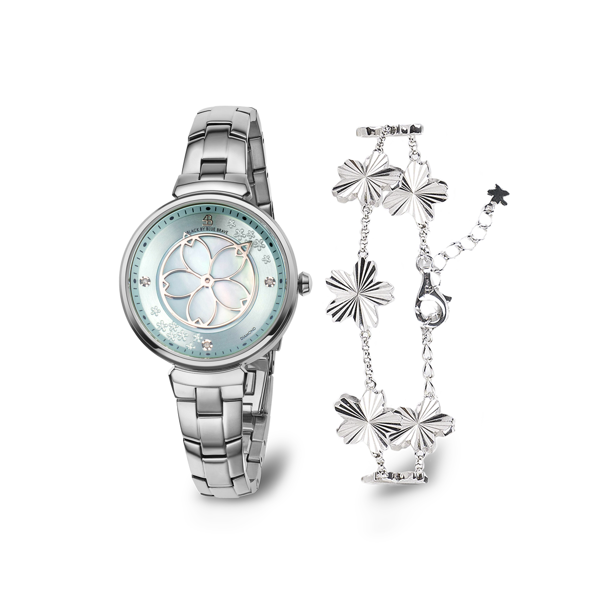 Blue Cherry Blossom Silver Bracelet Watch With Silver Cherry Blossom Gleam Bracelet - BLACK BY BLUE BRAVE