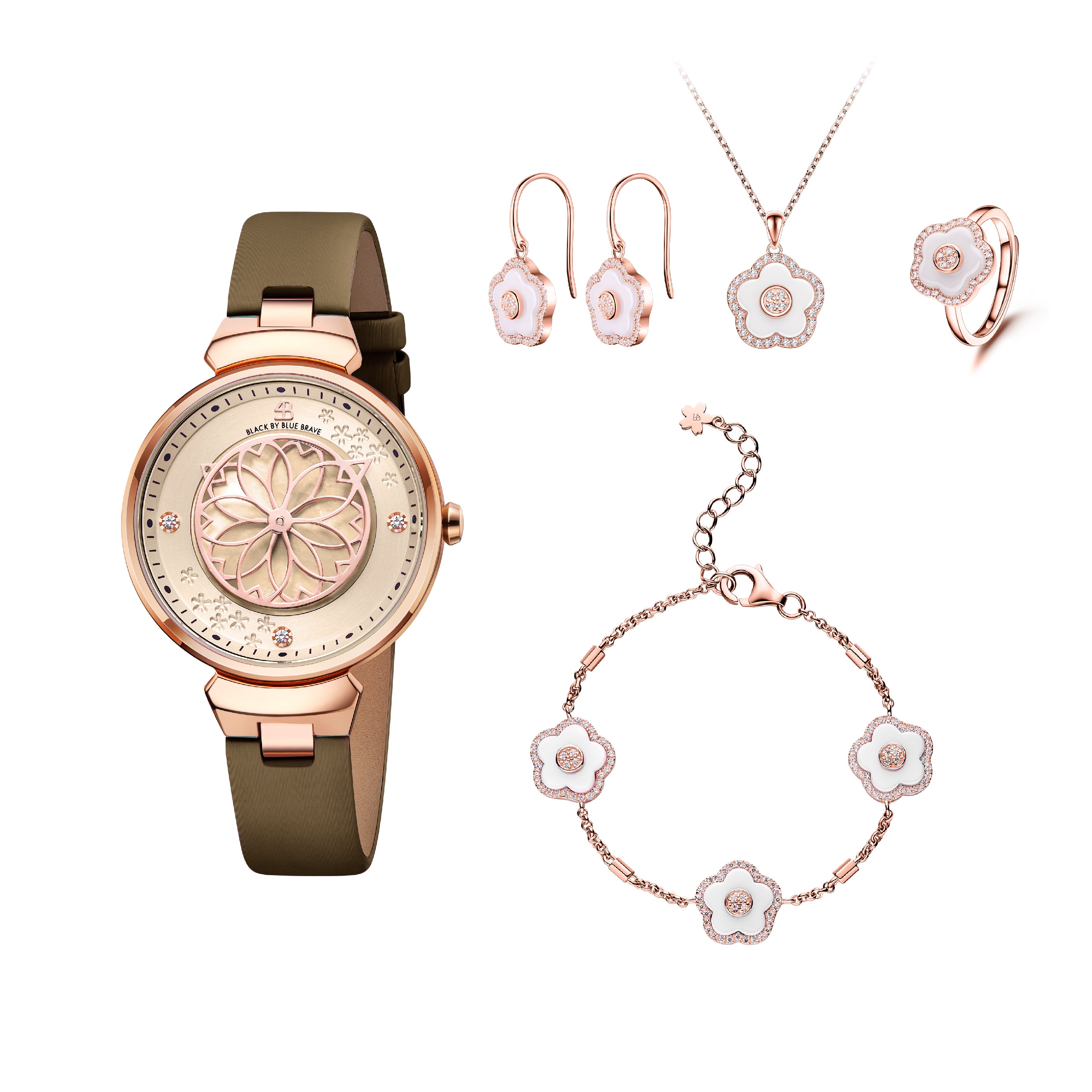 Blue Cherry Blossom Watch With Flower Ceramic  Jewelleries（Earrings & Bracelet & Necklace & Ring）