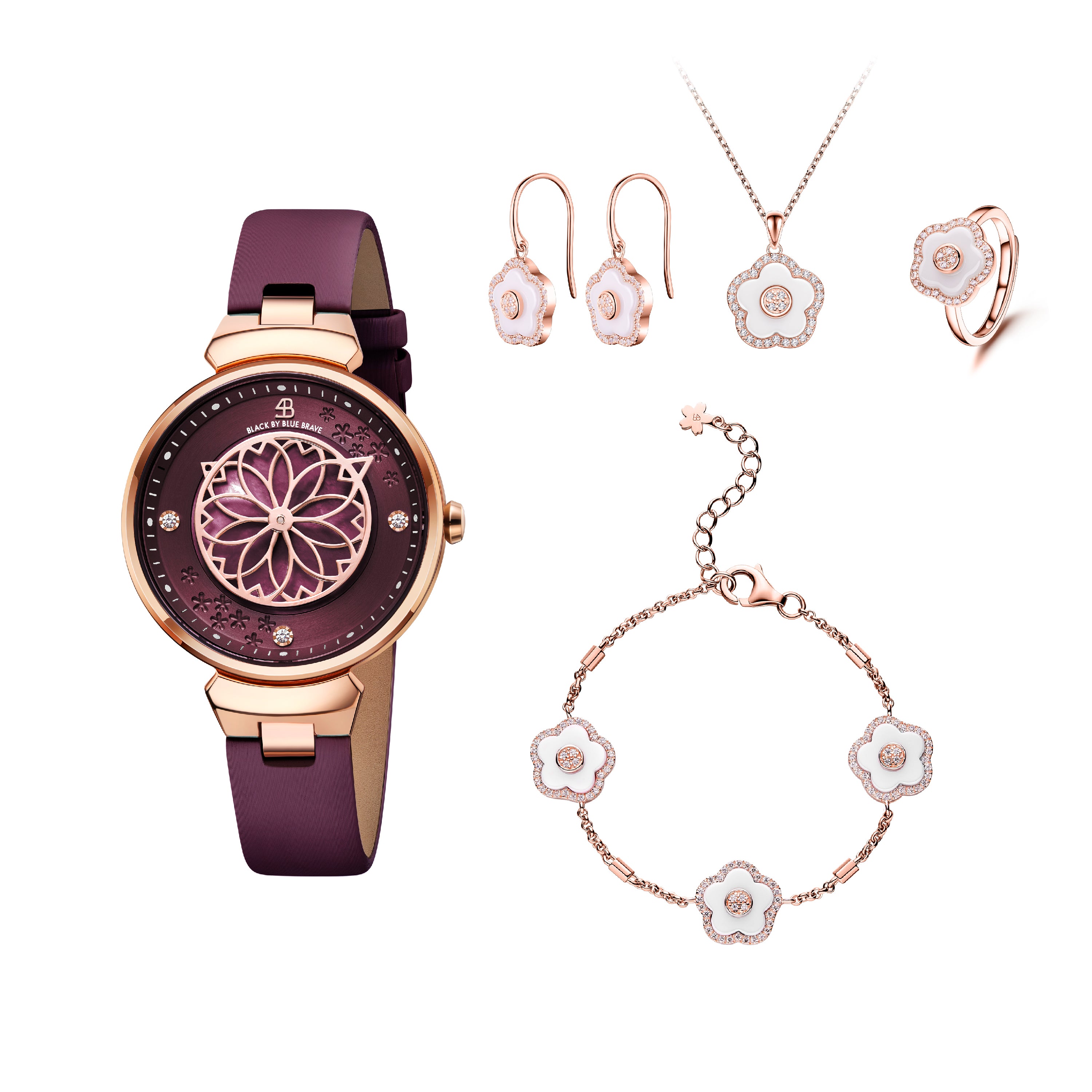 Blue Cherry Blossom Watch With Flower Ceramic  Jewelleries（Earrings & Bracelet & Necklace & Ring）
