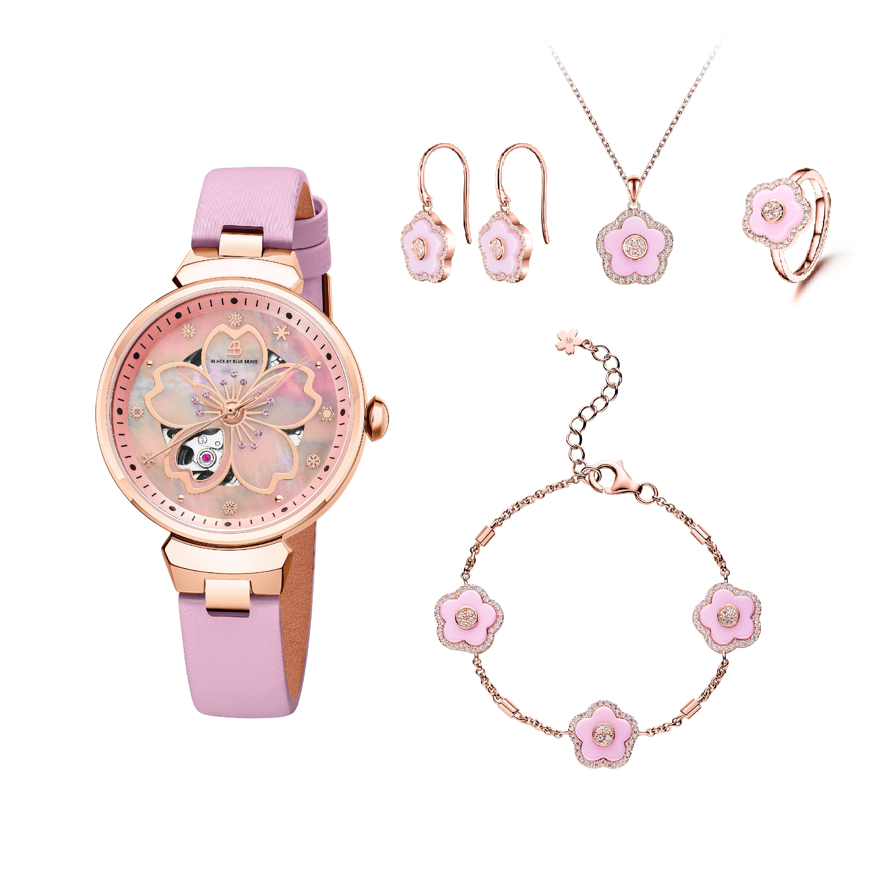 Blue Cherry Blossom 36mm Automatic Watch & Flower Ceramic  Jewelleries（Earrings & Bracelet & Necklace & Ring）