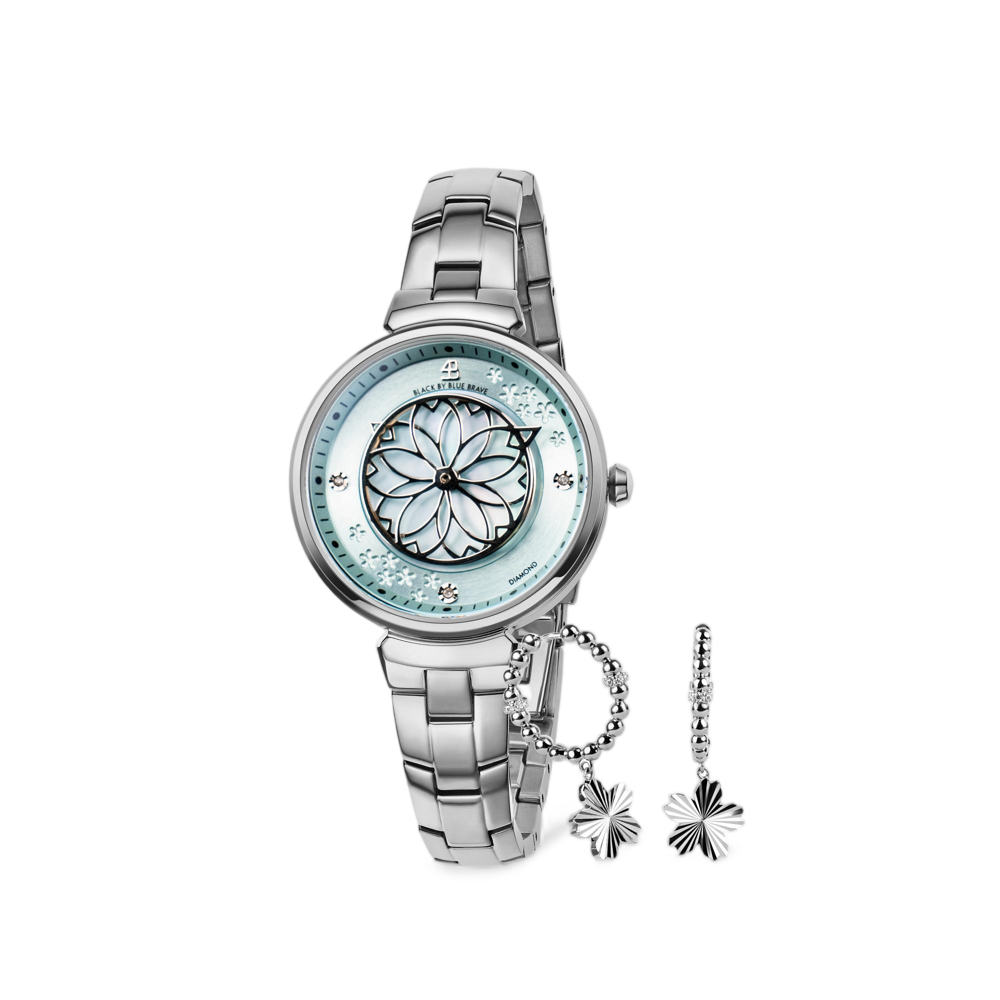 Blue Cherry Blossom Silver Bracelet Watch With Silver Cherry Blossom Gleam Earrings - BLACK BY BLUE BRAVE