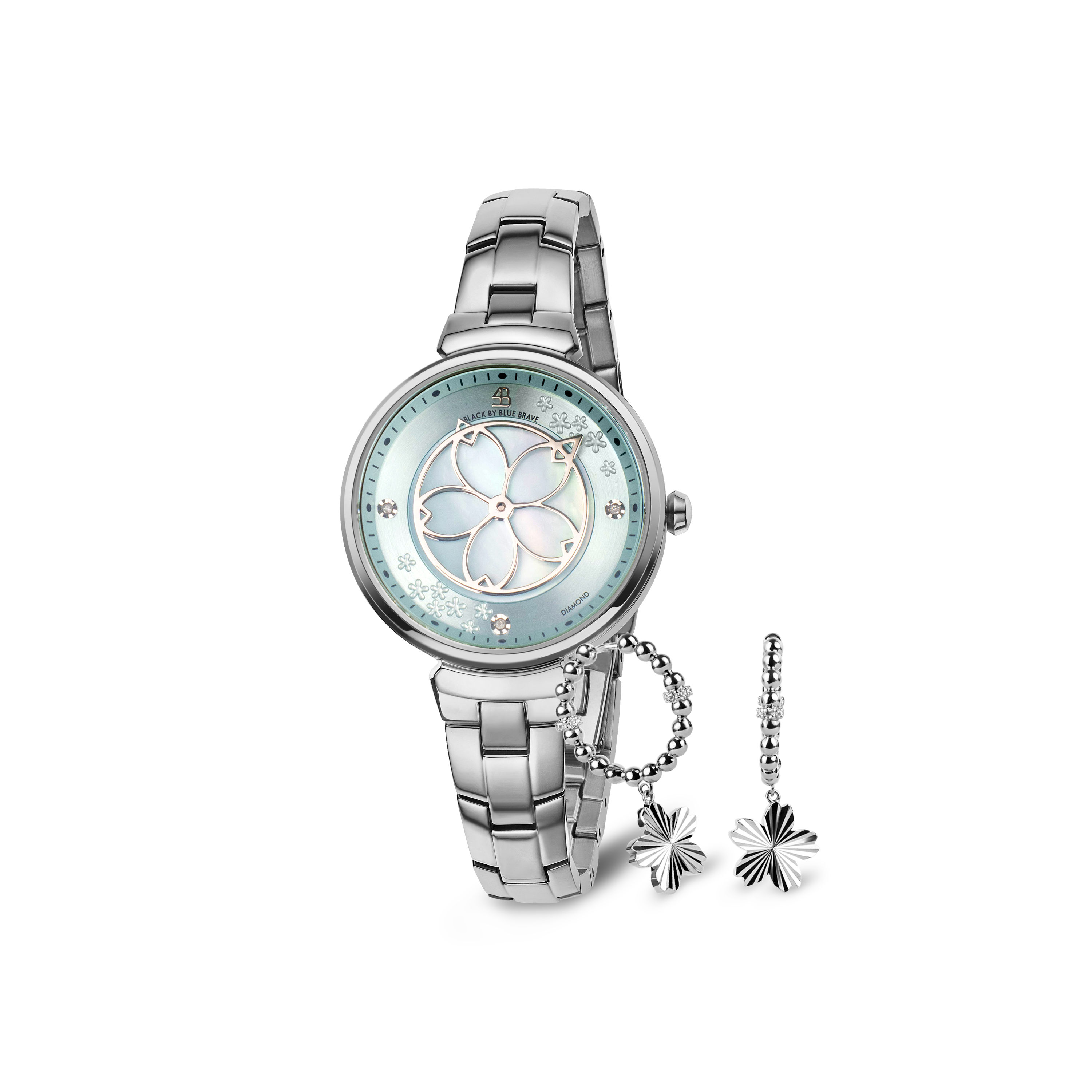 Blue Cherry Blossom Silver Bracelet Watch With Silver Cherry Blossom Gleam Earrings - BLACK BY BLUE BRAVE