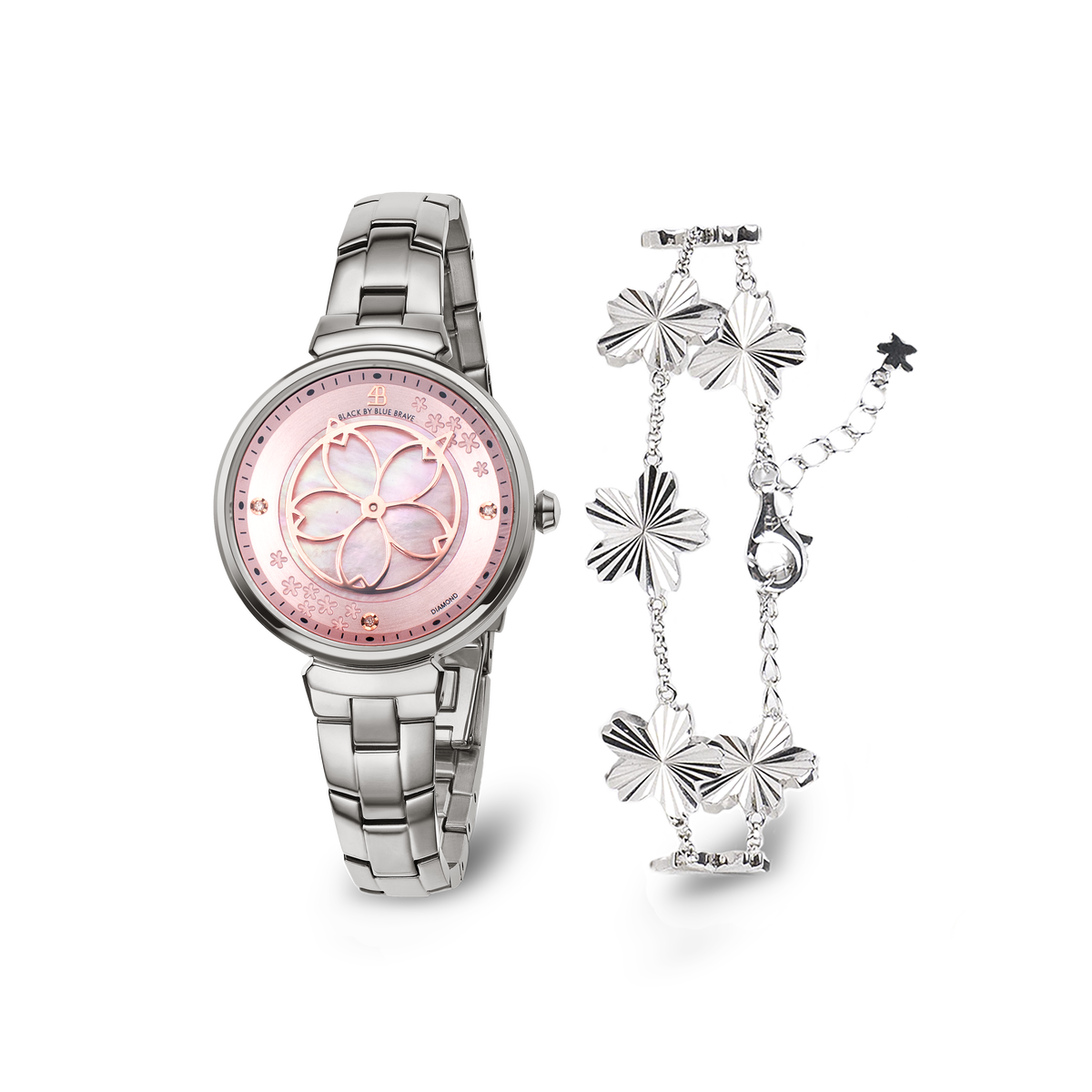 Pink Cherry Blossom Silver Bracelet Watch With Silver Cherry Blossom Gleam Bracelet - BLACK BY BLUE BRAVE