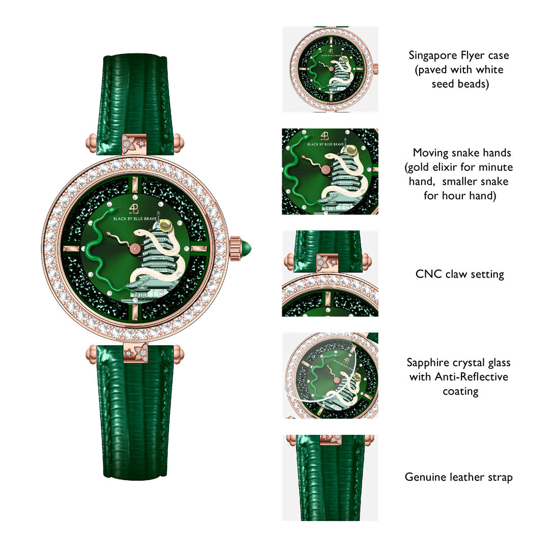 12 Zodiac Collection - Snake Watch 34mm (Green Dial with Moving Snake Hands and Leather Strap) - 4B06GL - Selling point map - Black By Blue Brave