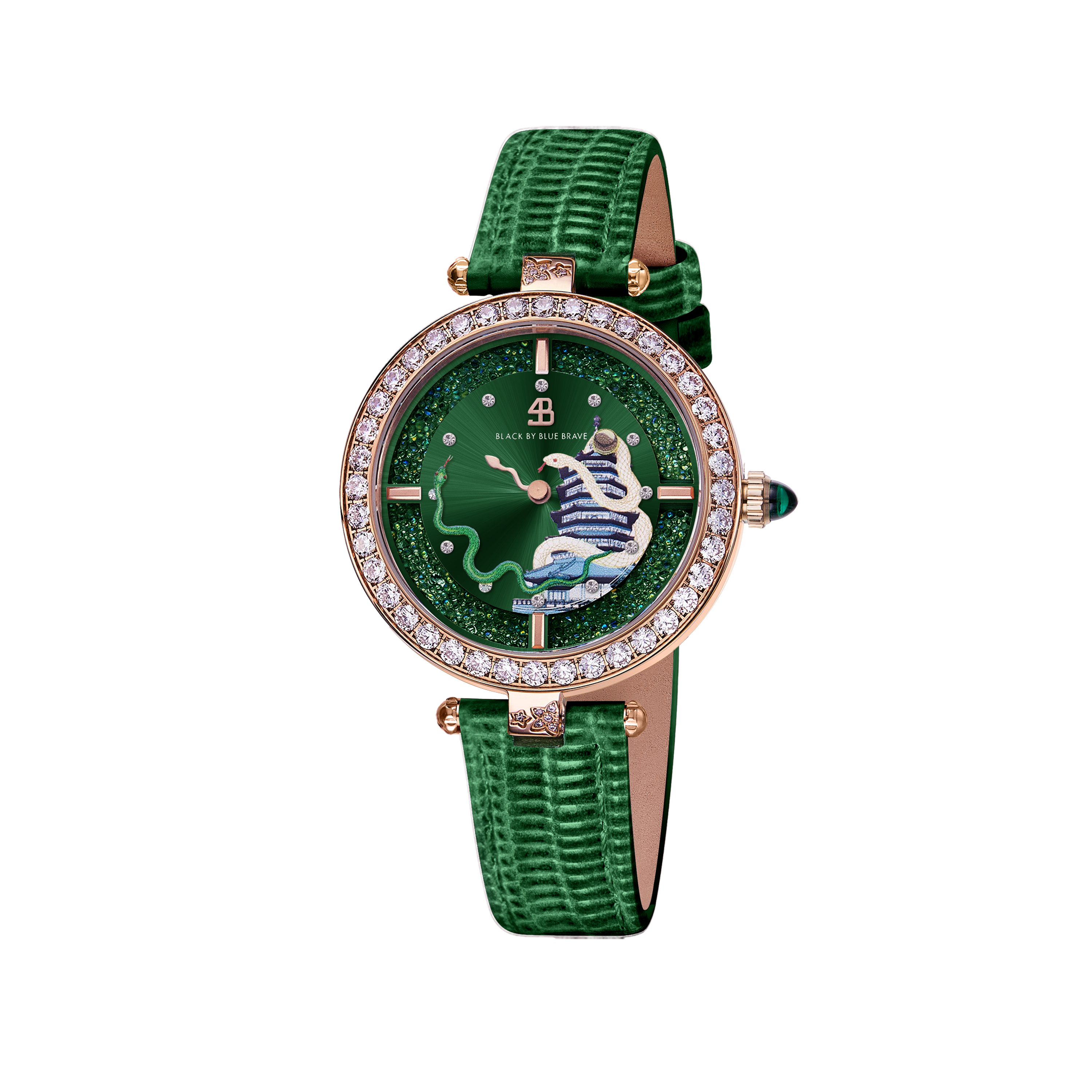 12 Zodiac Collection - Snake Watch 34mm (Green Dial with Moving Snake Hands and Leather Strap) - 4B06GL - front - Black By Blue Brave