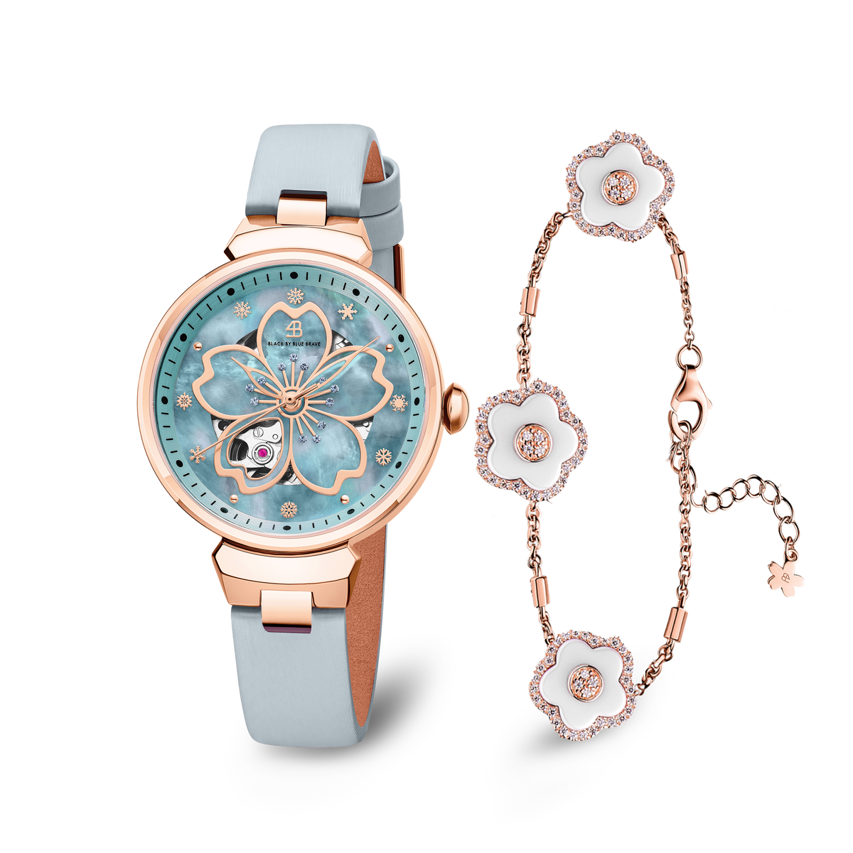 Blue Cherry Blossom Automatic Watch With Ceramic Flowers Bracelet - BLACK BY BLUE BRAVE