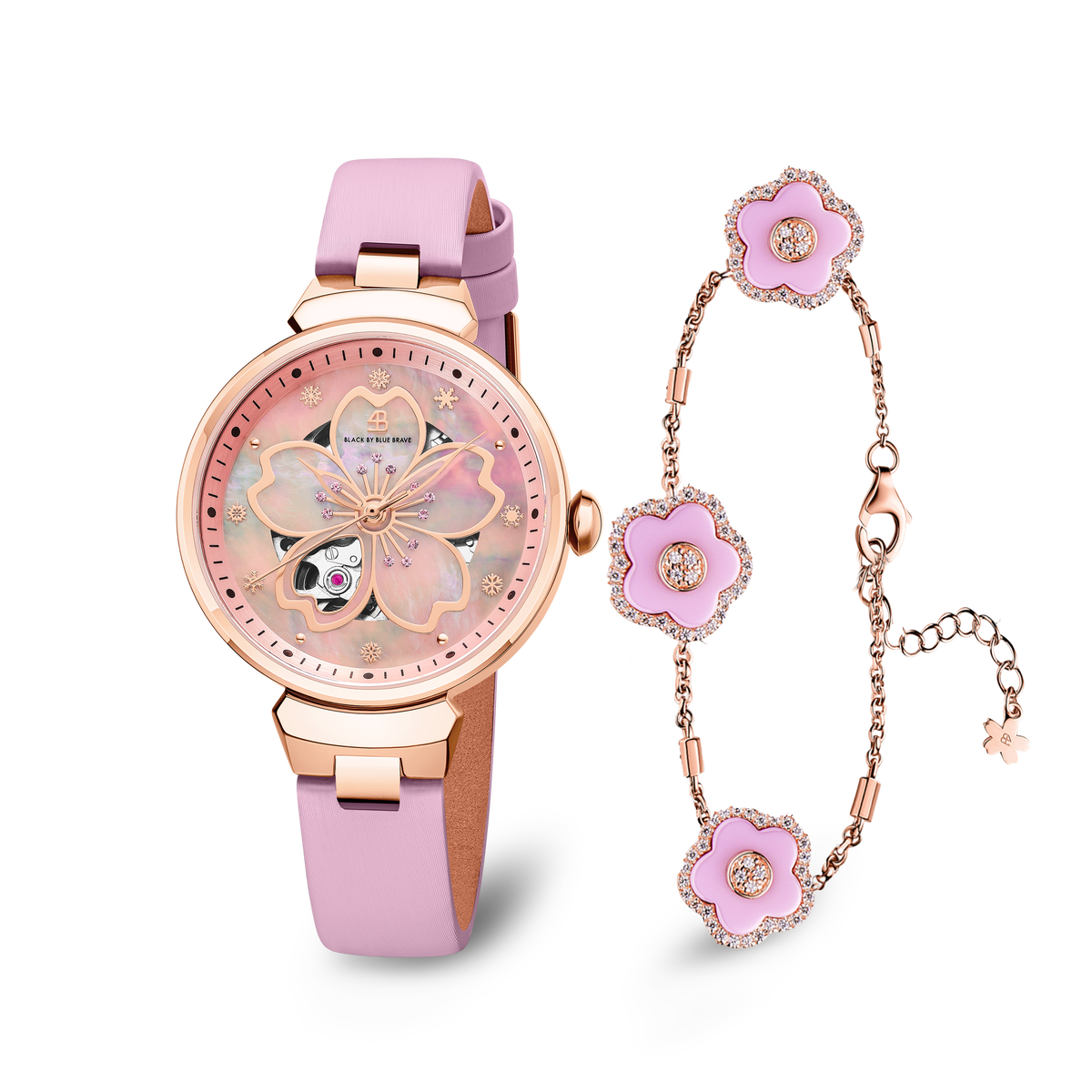 Pink Cherry Blossom Automatic Watch With Ceramic Flowers Bracelet - BLACK BY BLUE BRAVE