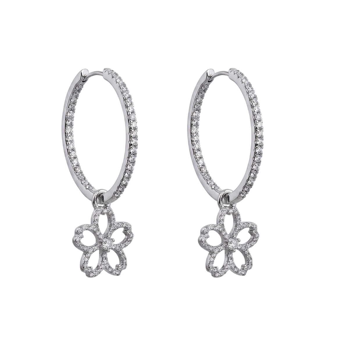 Cherry Blossom Cascade 20mm Sakura Flower Zirconia Silver Earrings (Platinum Plated)