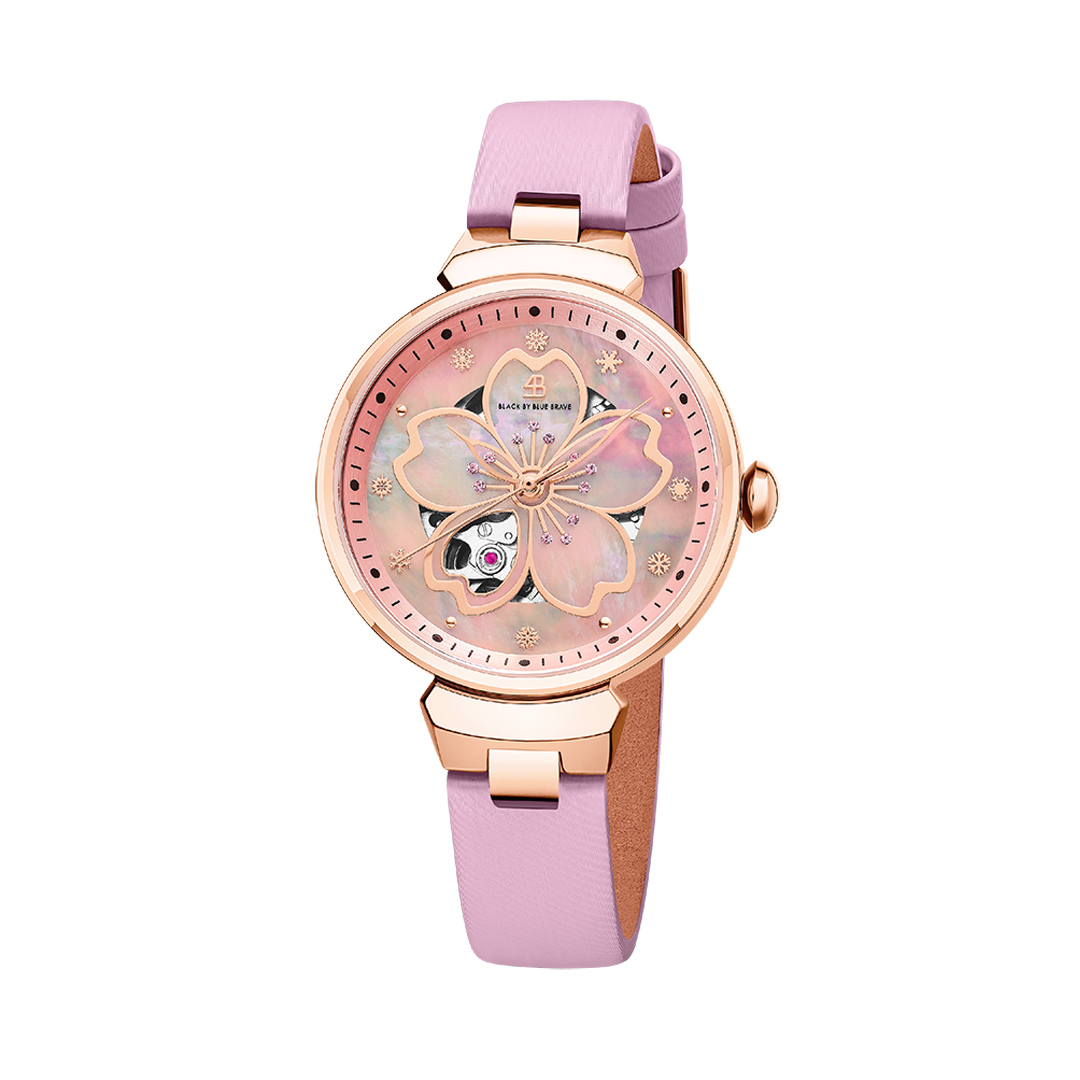 Cherry Blossom 36mm Pink Mother Of Pearl Dial Leather Strap Automatic Watch - BLACK BY BLUE BRAVE
