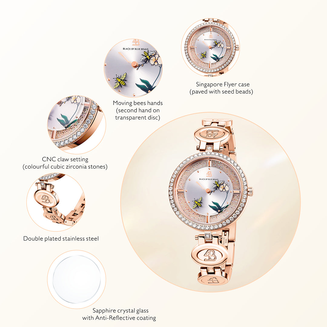 Honey Bee 34mm White Dial Moving Bees Rose Gold Bracelet Watch