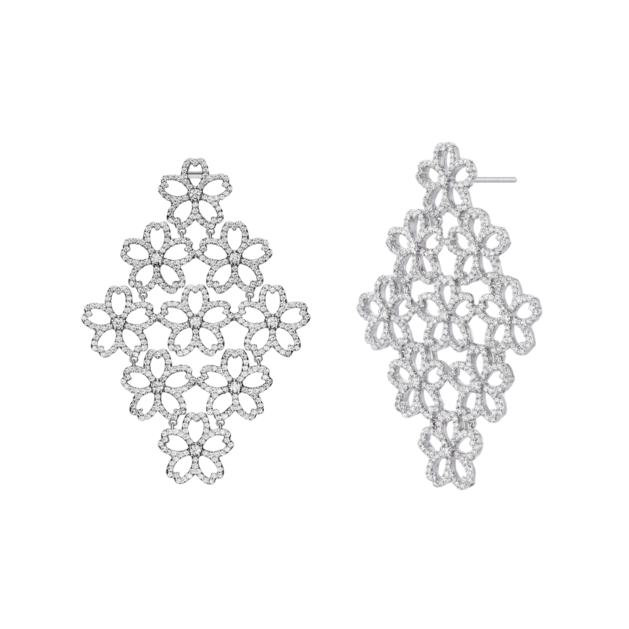 Cherry Blossom Cascade 9-Flower Sakura Zirconia Silver Earrings (Platinum Plated)