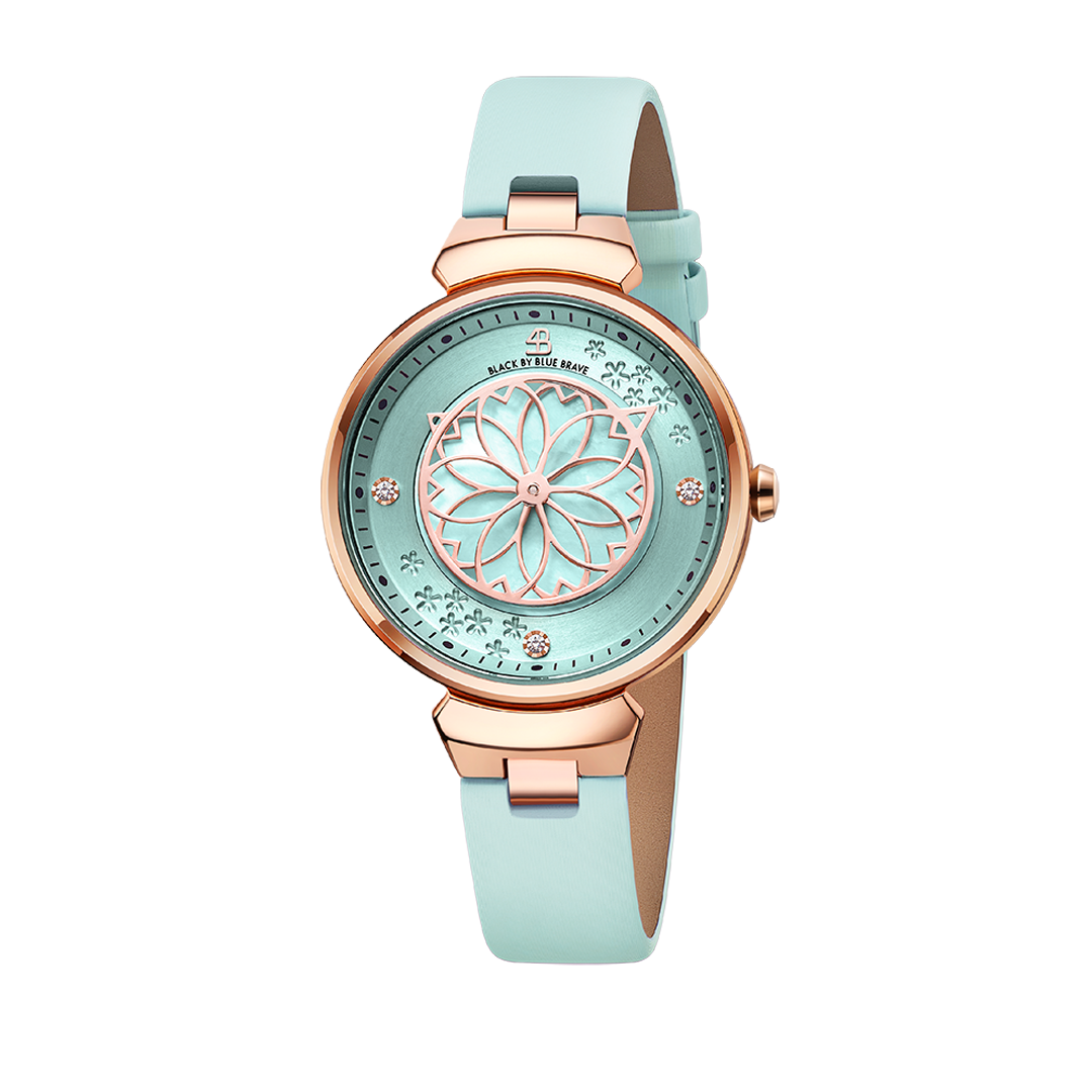 Cherry Blossom Blue Mother Of Pearl Dial Sakura Petal Hand Leather Strap Watch - BLACK BY BLUE BRAVE