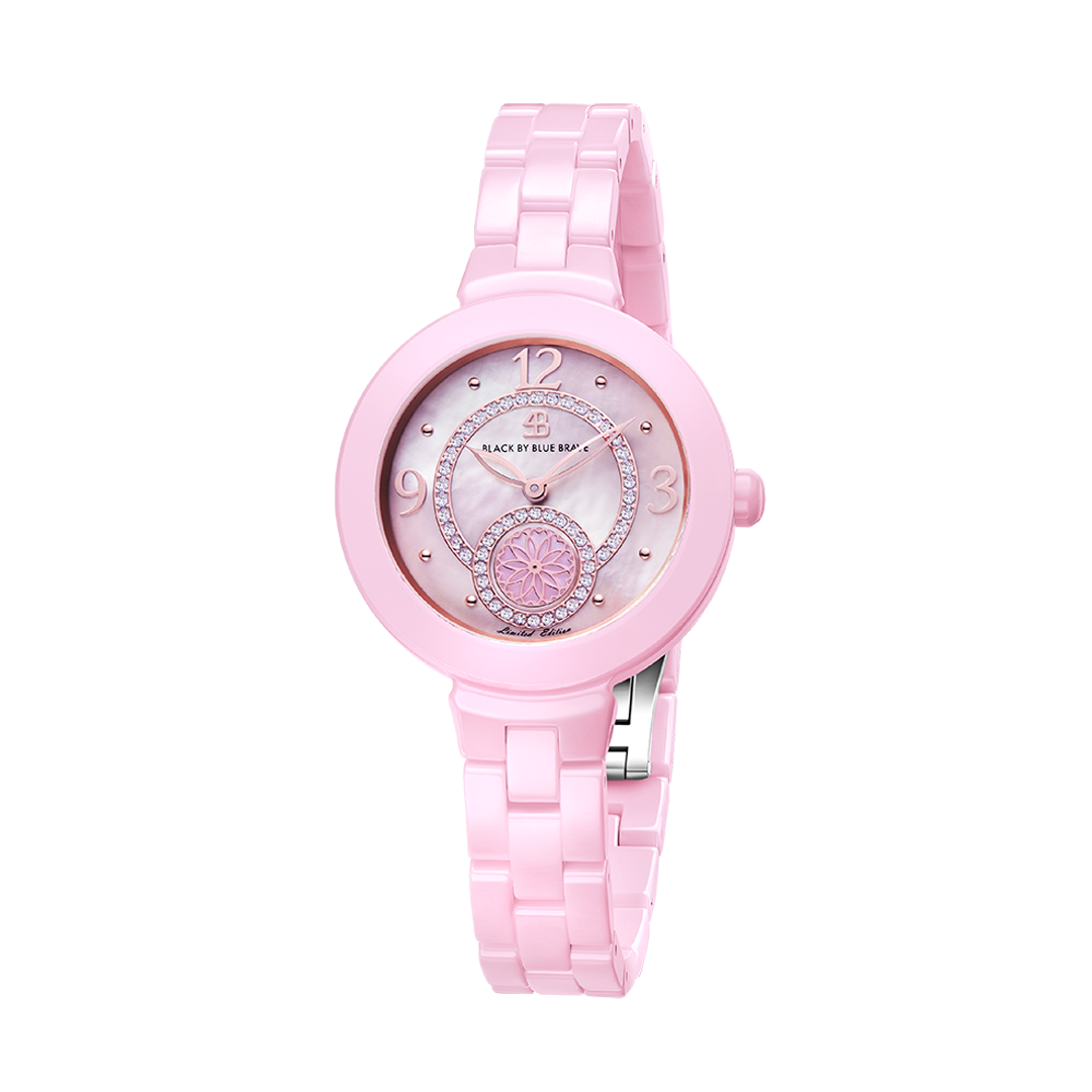 Cherry Blossom 34mm Pink Mother Of Pearl Dial Arabic Numeral Ceramic Watch - BLACK BY BLUE BRAVE