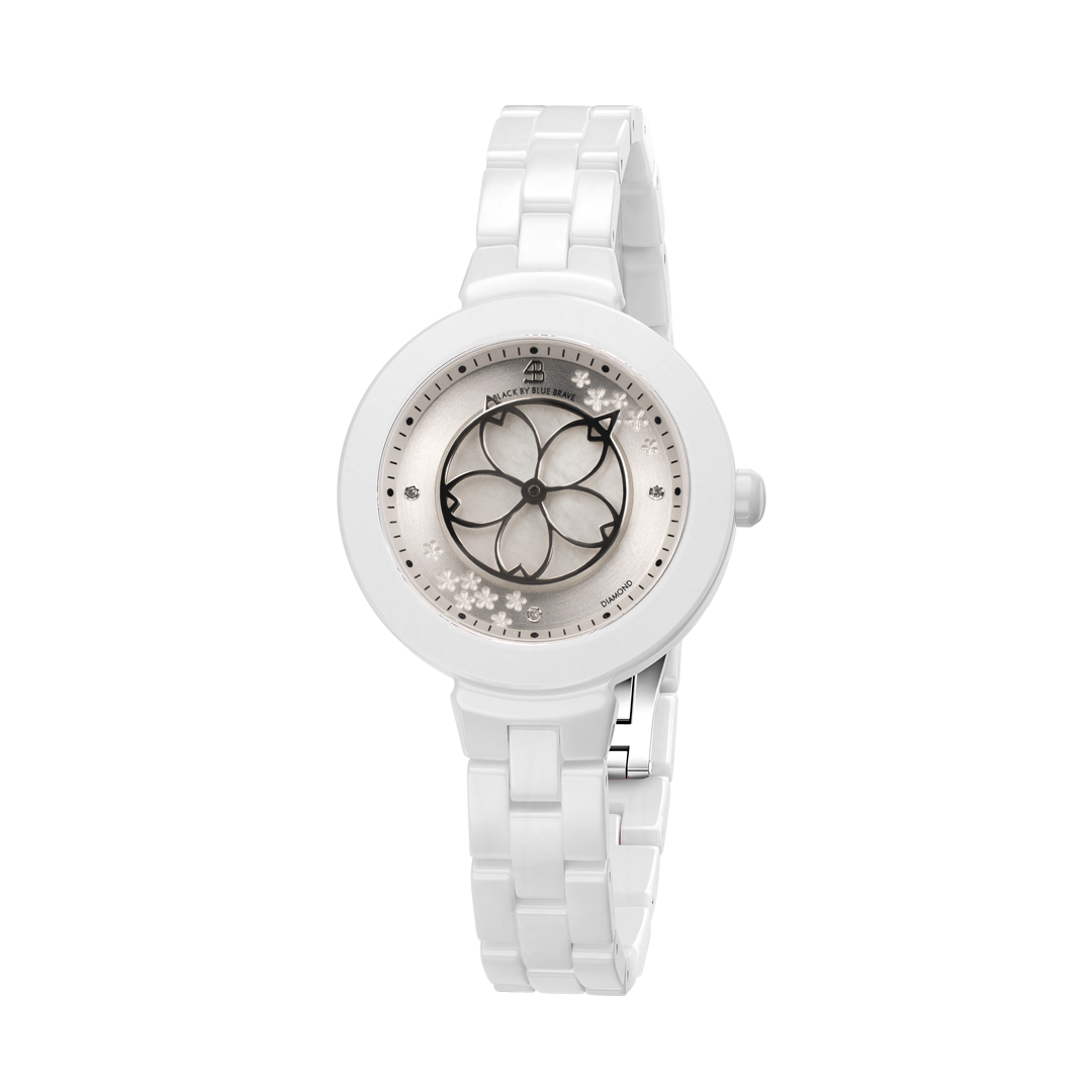 Cherry Blossom 34mm White Mother Of Pearl Dial Sakura Petal Hand White Ceramic Watch - BLACK BY BLUE BRAVE