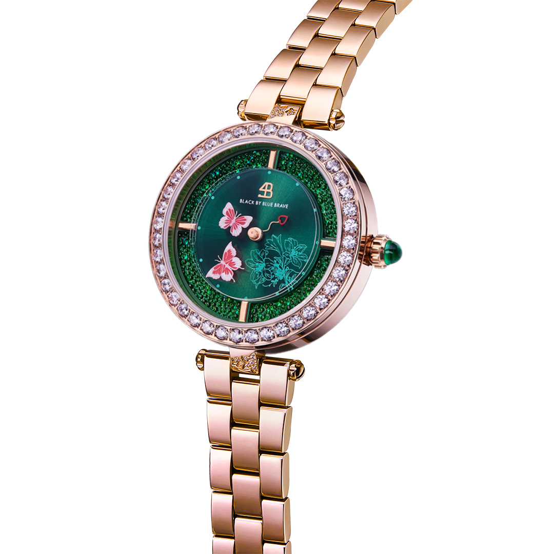 Butterfly Lovers 34mm Green Dial Leather Strap Watch & Rose Gold 3-Link Bracelet Strap