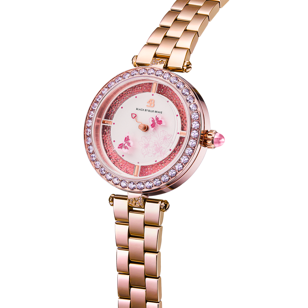 Butterfly Lovers 34mm Pink Dial Leather Strap Watch & Rose Gold 3-Link Bracelet Strap
