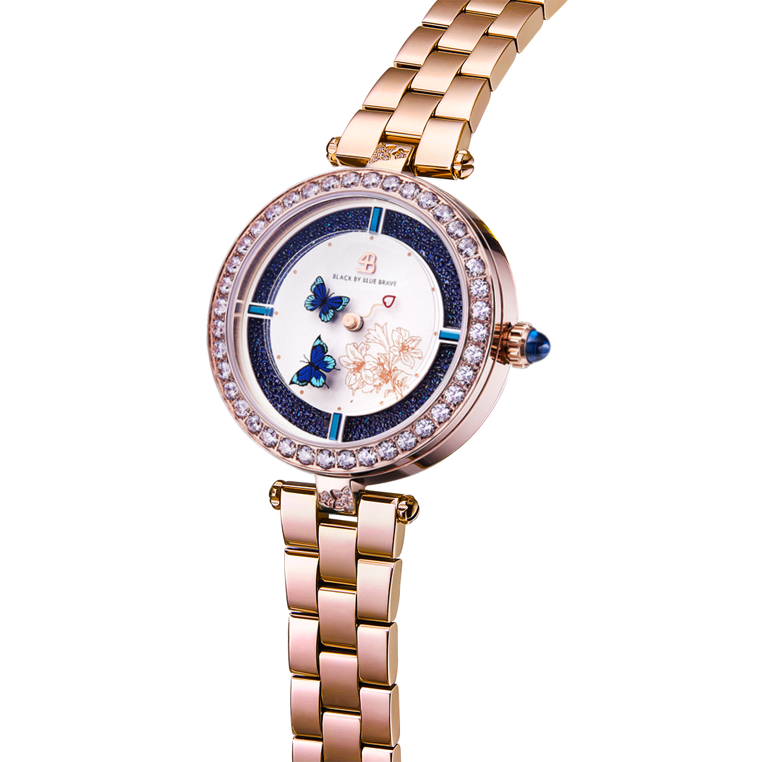 Butterfly Lovers 34mm Blue Dial Leather Strap Watch & Rose Gold 3-Link Bracelet Strap