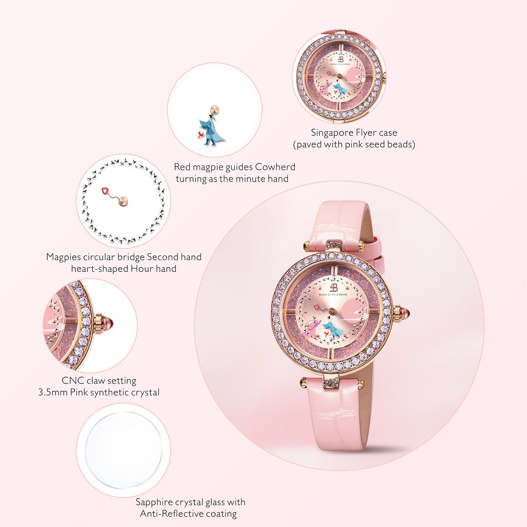 Cowherd and Weaver Girl 34mm Pink Dial Magpies Bridge Genuine Leather Strap Watch (One Watch & Two Bracelet) - BLACK BY BLUE BRAVE