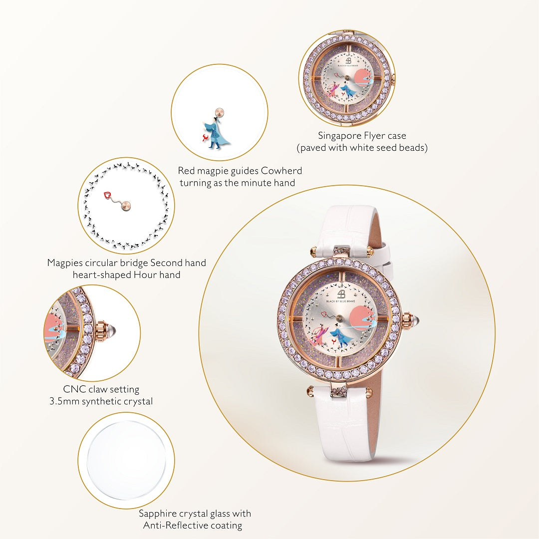 Cowherd and Weaver Girl 34mm White Dial Magpies Bridge Genuine Leather Strap Watch (One Watch & Two Bracelet) - BLACK BY BLUE BRAVE