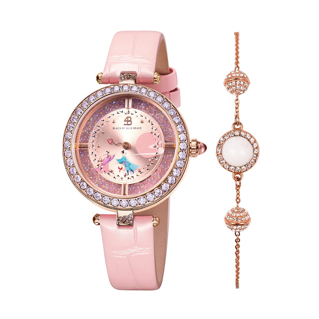 Cowherd and Weaver Girl 34mm Pink Dial Magpies Bridge Genuine Leather Strap Watch (One Watch & One Free Bracelet)