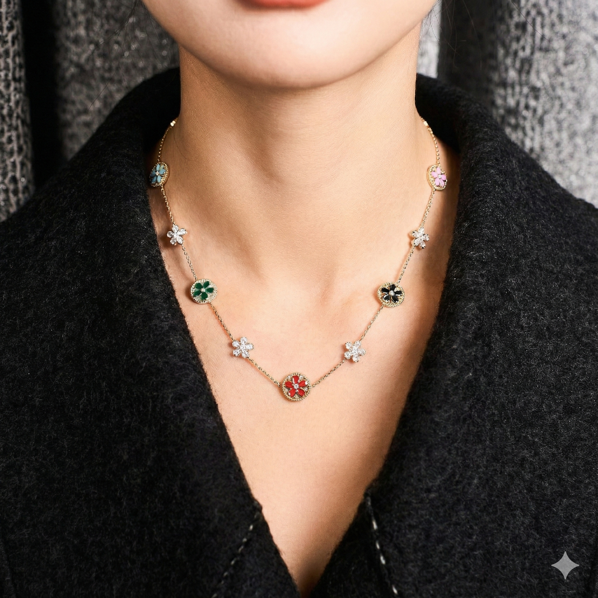 Cherry Blossom Symphony Enamel 14-Flower Sakura Gold Necklace (18K Gold Plated)