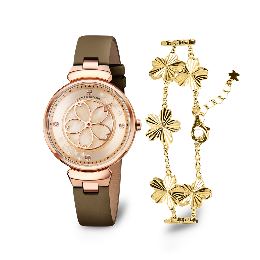 Champagne Cherry Blossom Watch With Gold Cherry Blossom Gleam Bracelet - BLACK BY BLUE BRAVE