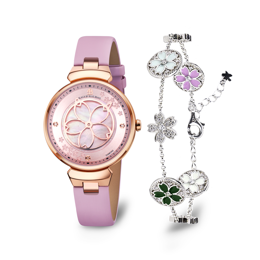 Pink Cherry Blossom Watch With Silver Cherry Blossom Symphony Bracelet - BLACK BY BLUE BRAVE