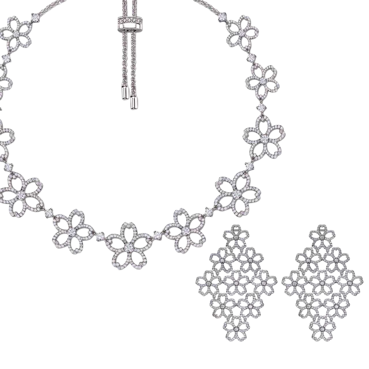 Cherry Blossom Cascade Sakura Zirconia Silver Necklace & Earrings (Platinum Plated) - BLACK BY BLUE BRAVE