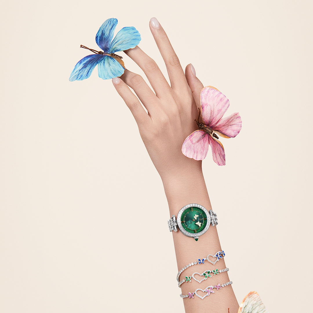 Butterfly Lovers 34mm Green Dial Moving Butterfly Hands Silver Bracelet Watch - BLACK BY BLUE BRAVE
