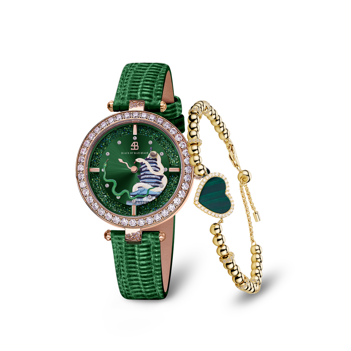 Green Snake Watch With Love Heart Malachite Bracelet - BLACK BY BLUE BRAVE