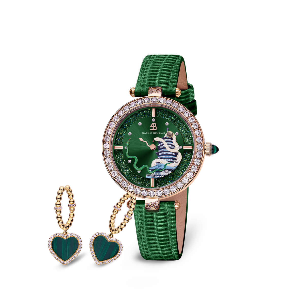 Green Snake Watch With Love Heart Malachite Earrings 20mm - BLACK BY BLUE BRAVE