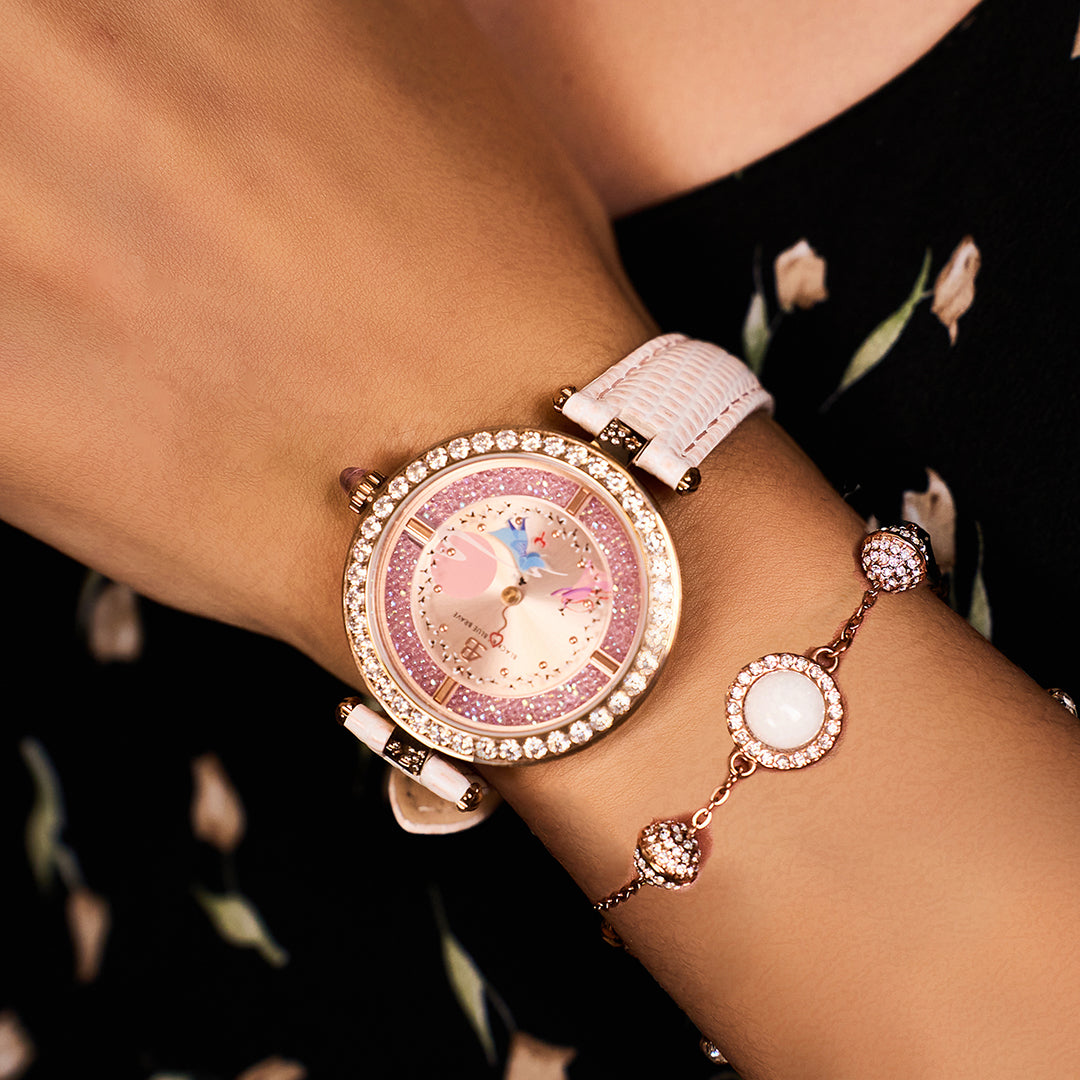 Cowherd and Weaver Girl 34mm Pink Dial Magpies Bridge Genuine Leather Strap Watch (One Watch & One Free Bracelet)