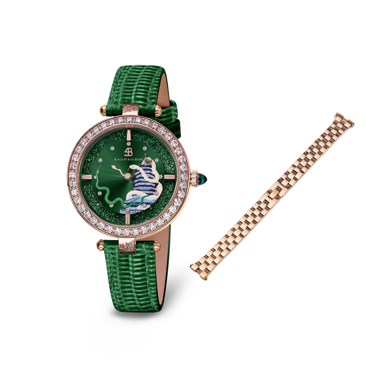 Green Snake Watch With Rose Gold 3-Link Bracelet Strap - BLACK BY BLUE BRAVE