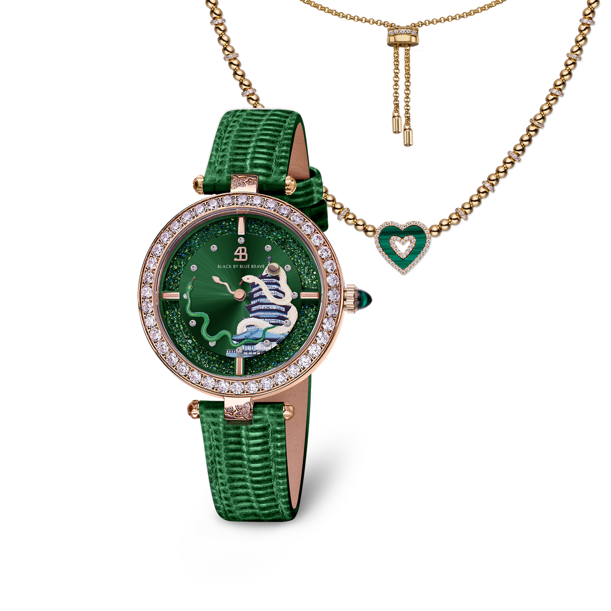 Green Snake Watch With Love Heart Malachite Double Heart Necklace - BLACK BY BLUE BRAVE