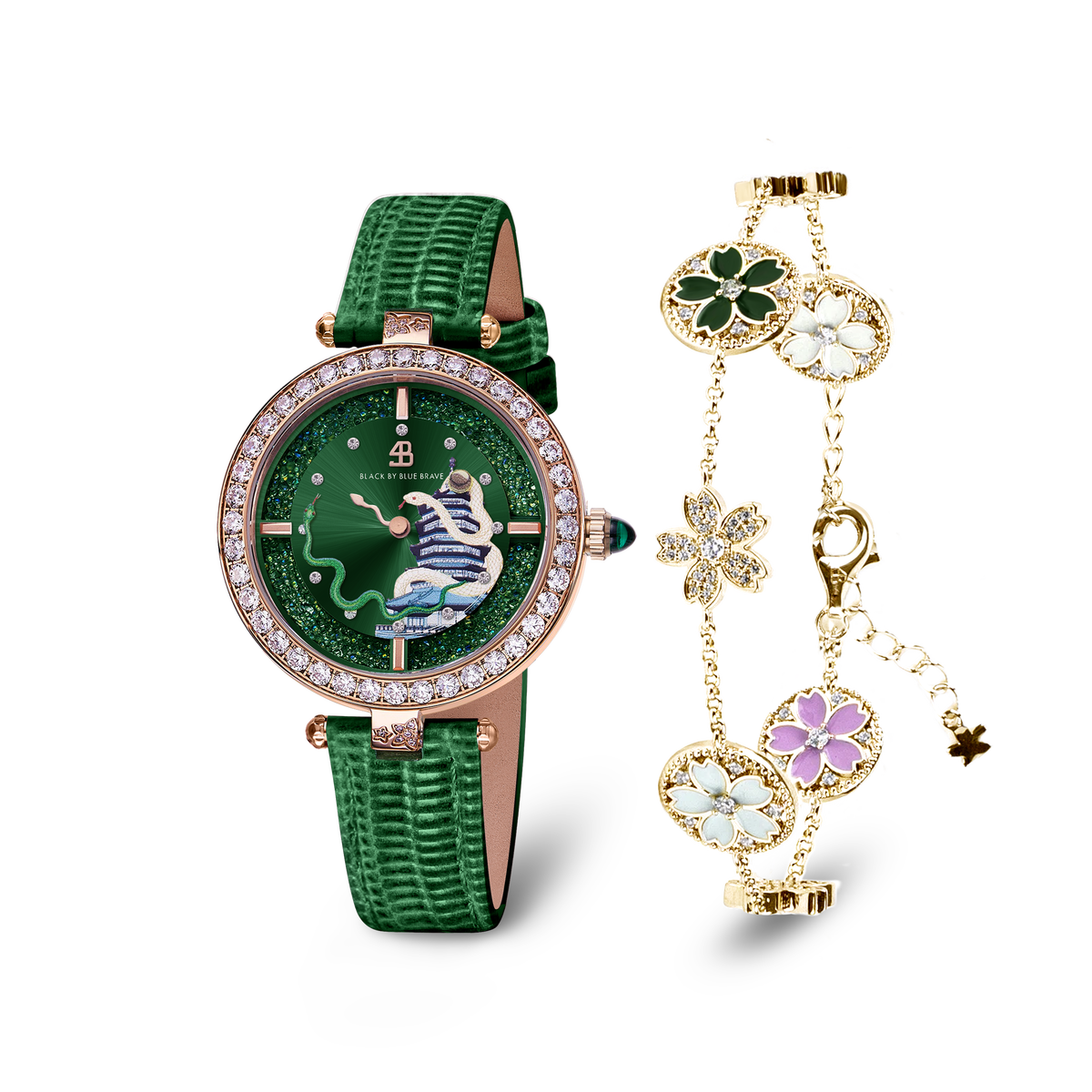 Green Snake Watch With Cherry Blossom Symphony Enamel 7-Flower Gold Bracelet - BLACK BY BLUE BRAVE