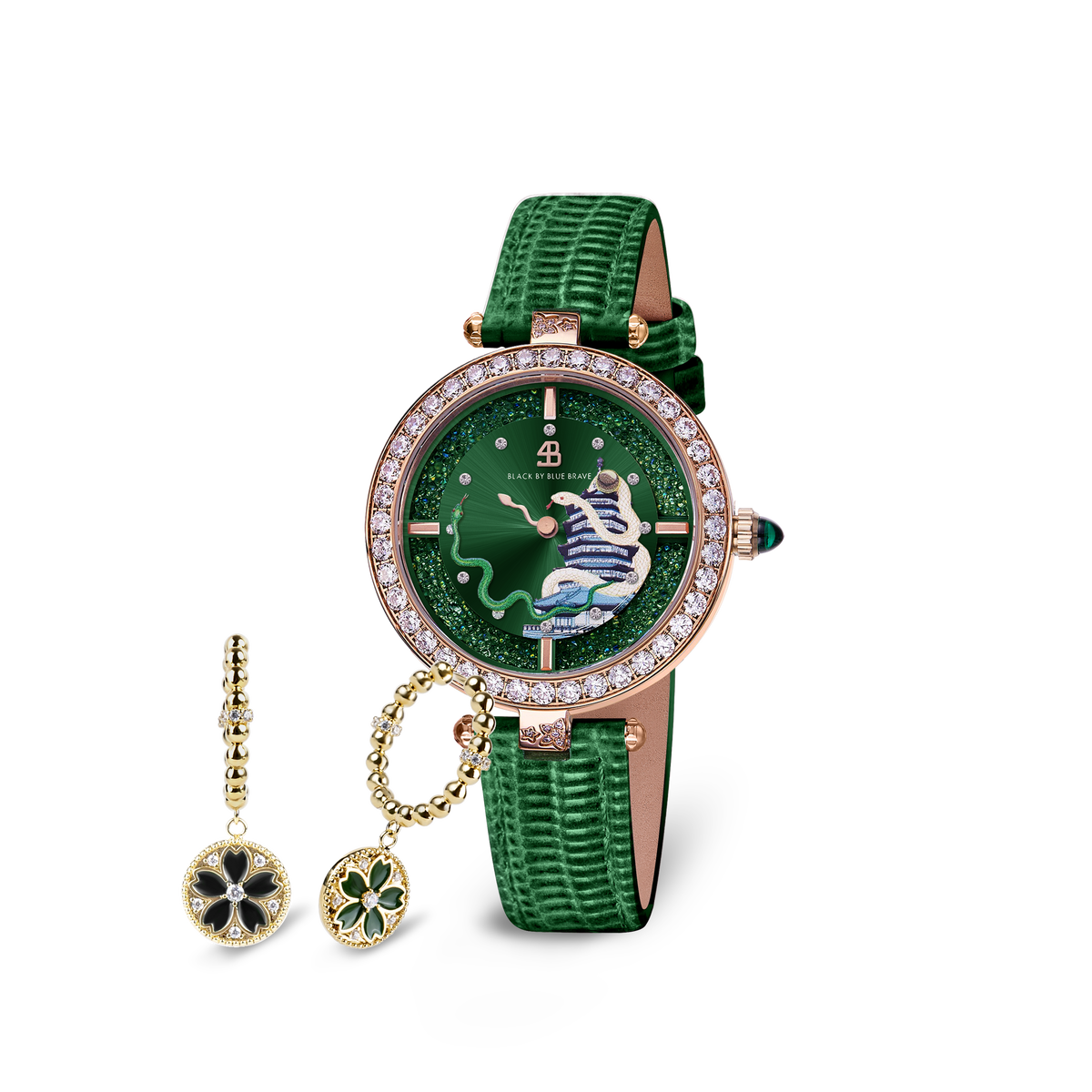 Green Snake Watch With Cherry Blossom Symphony Green & Black Enamel Gold Earrings - BLACK BY BLUE BRAVE
