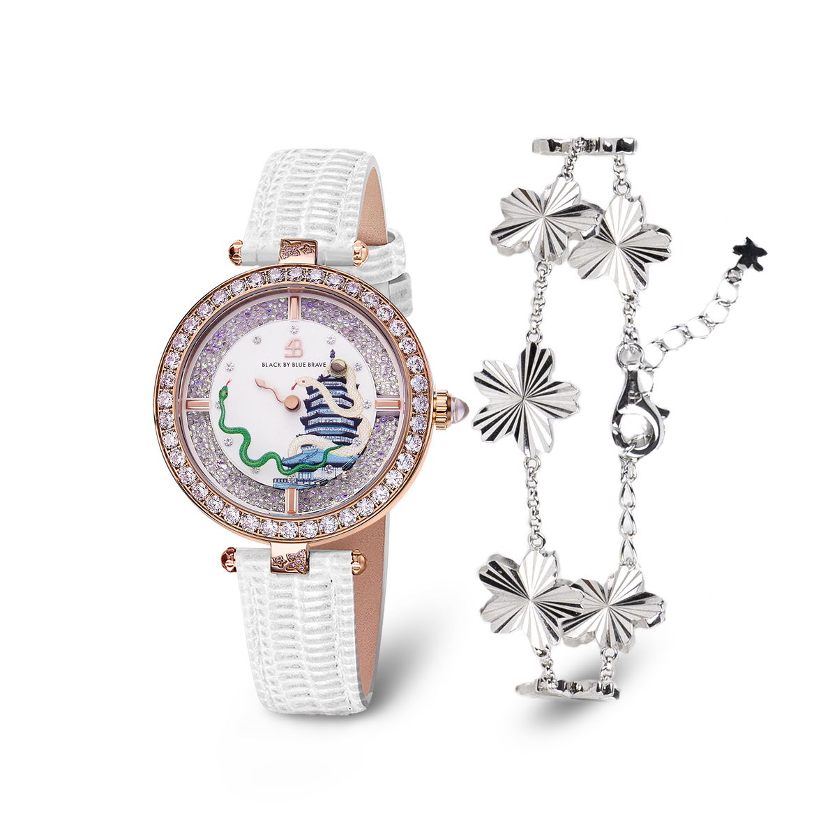 White Snake Watch With Silver Cherry Blossom Gleam Bracelet - BLACK BY BLUE BRAVE