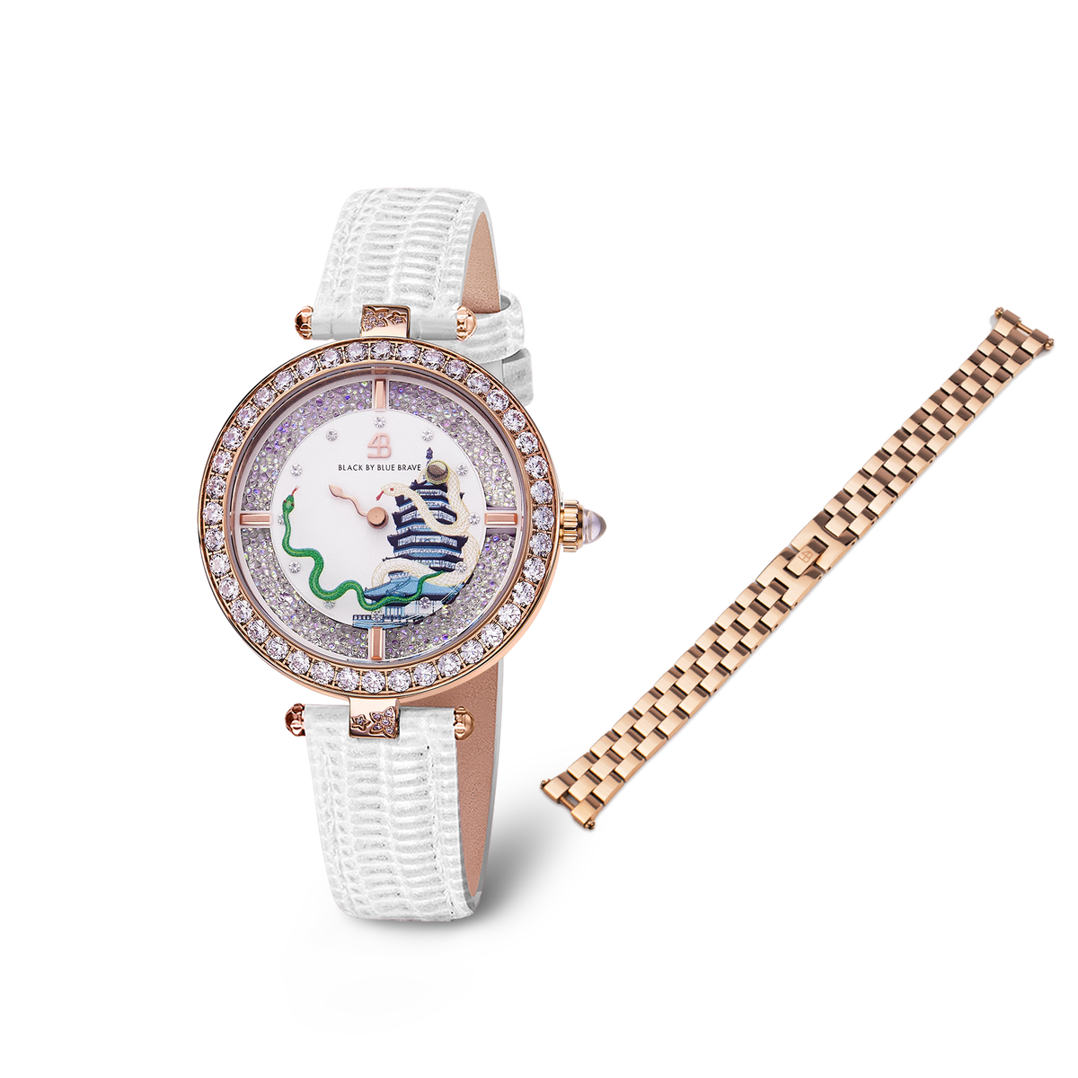 White Snake Watch With Rose Gold 3-Link Bracelet Strap - BLACK BY BLUE BRAVE