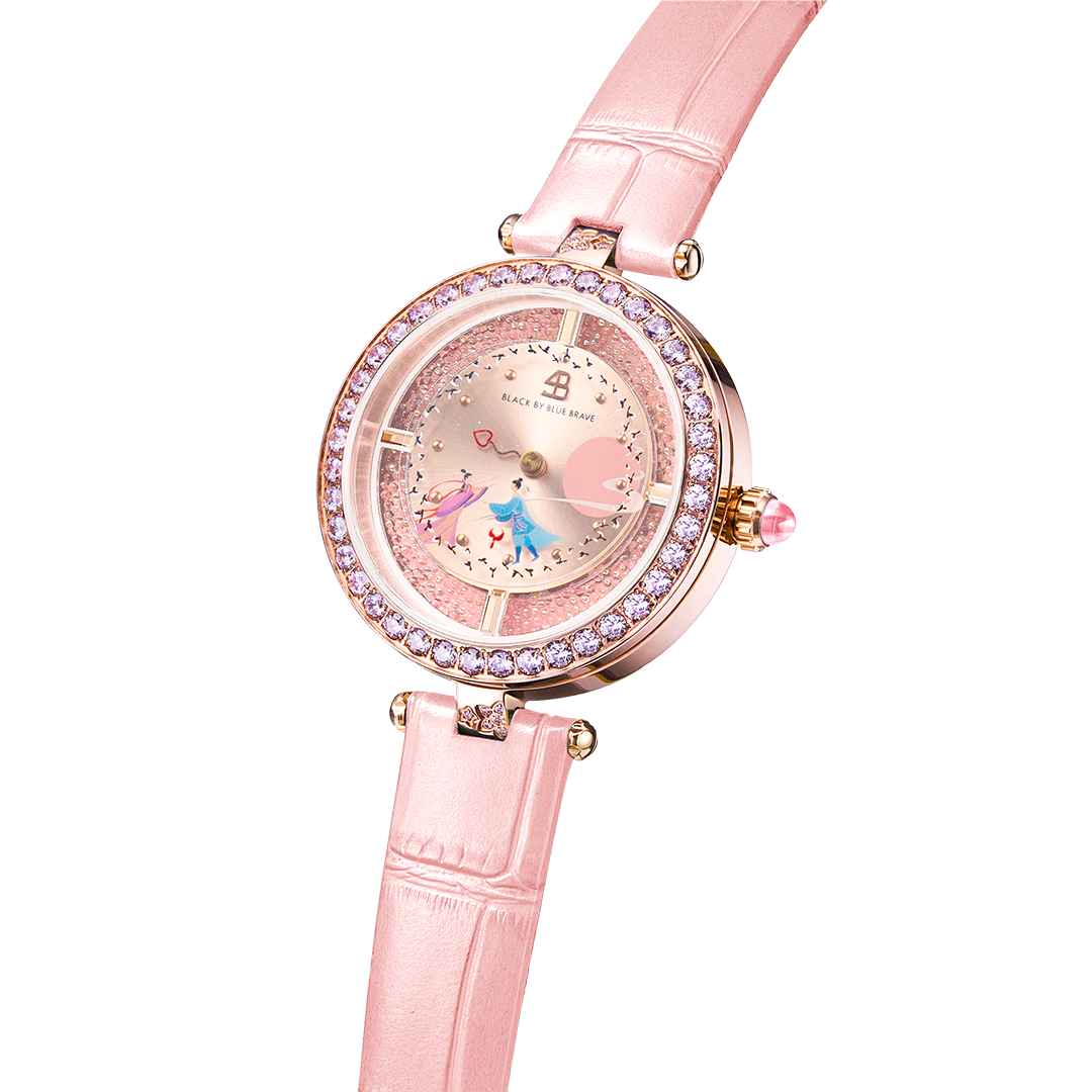 Cowherd and Weaver Girl 34mm Pink Dial Magpies Bridge Genuine Leather Strap Watch (One Watch & Two Bracelet) - BLACK BY BLUE BRAVE