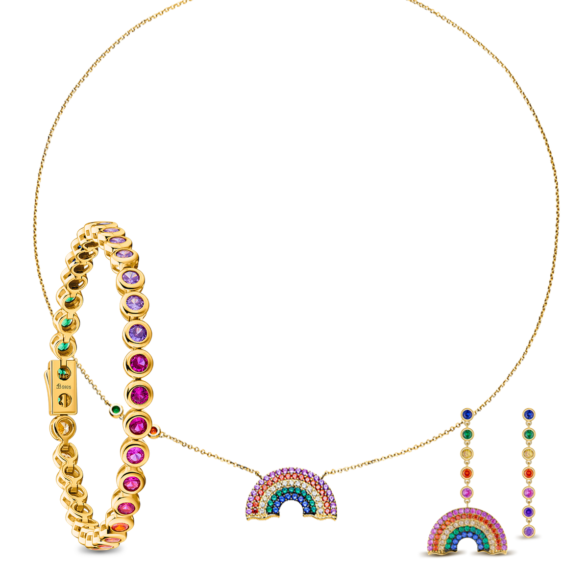 Love Wins Rainbow Zirconia Gold Chain Necklace & Tennis Bracelet & Asymmetric Drop Earrings - BLACK BY BLUE BRAVE