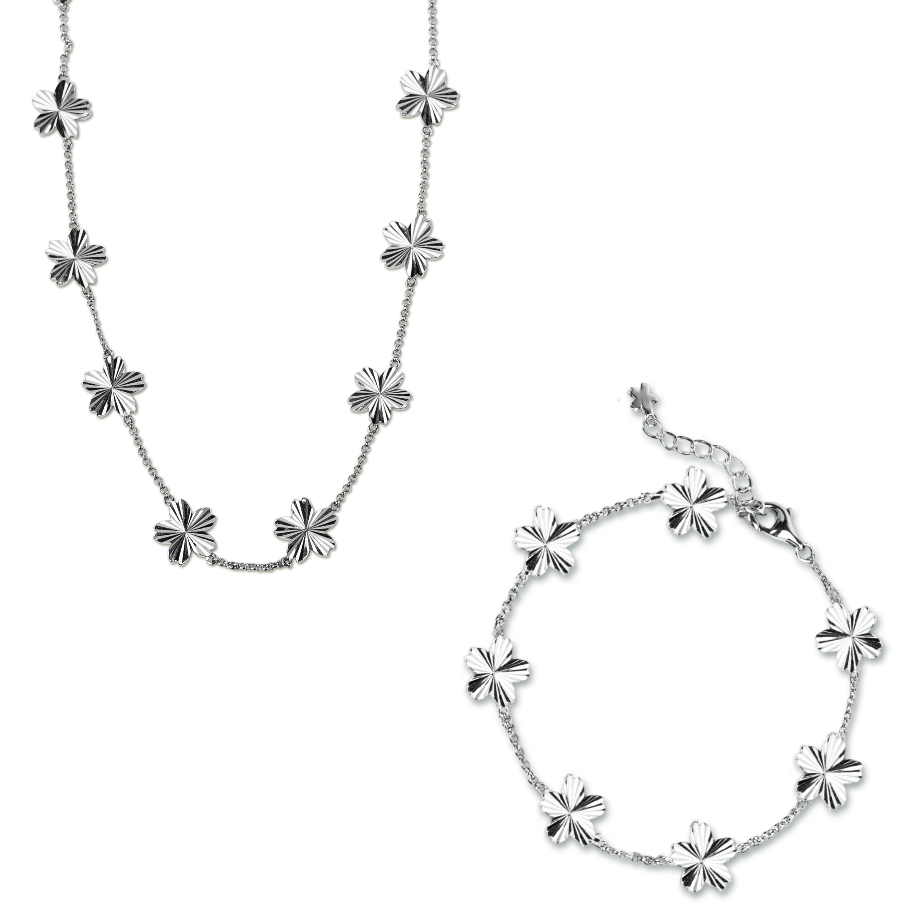 Cherry Blossom Gleam 14-Flower Shine Light Sakura Silver Necklace & 7-Flower Silver Bracelet - BLACK BY BLUE BRAVE