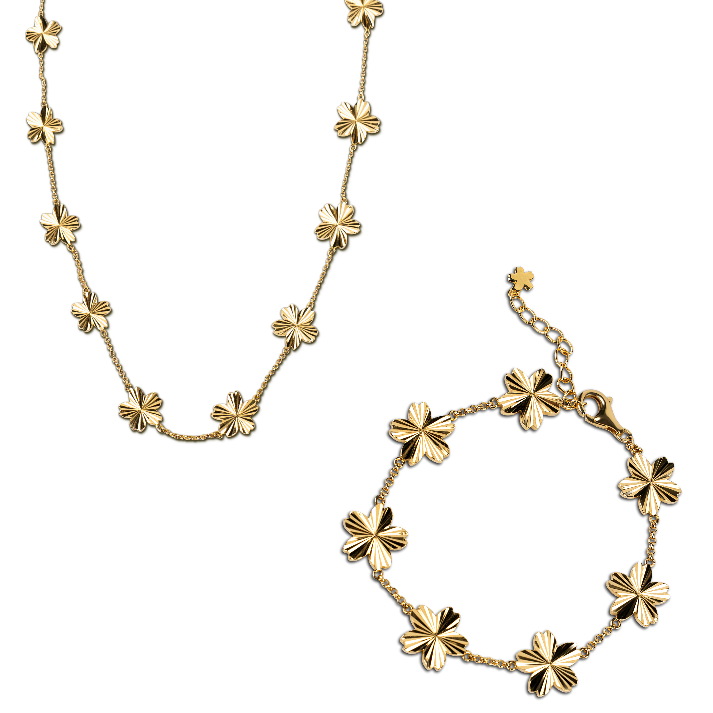 Cherry Blossom Gleam 14-Flower Shine Light Sakura Gold Necklace & 7-Flower Gold Bracelet - BLACK BY BLUE BRAVE
