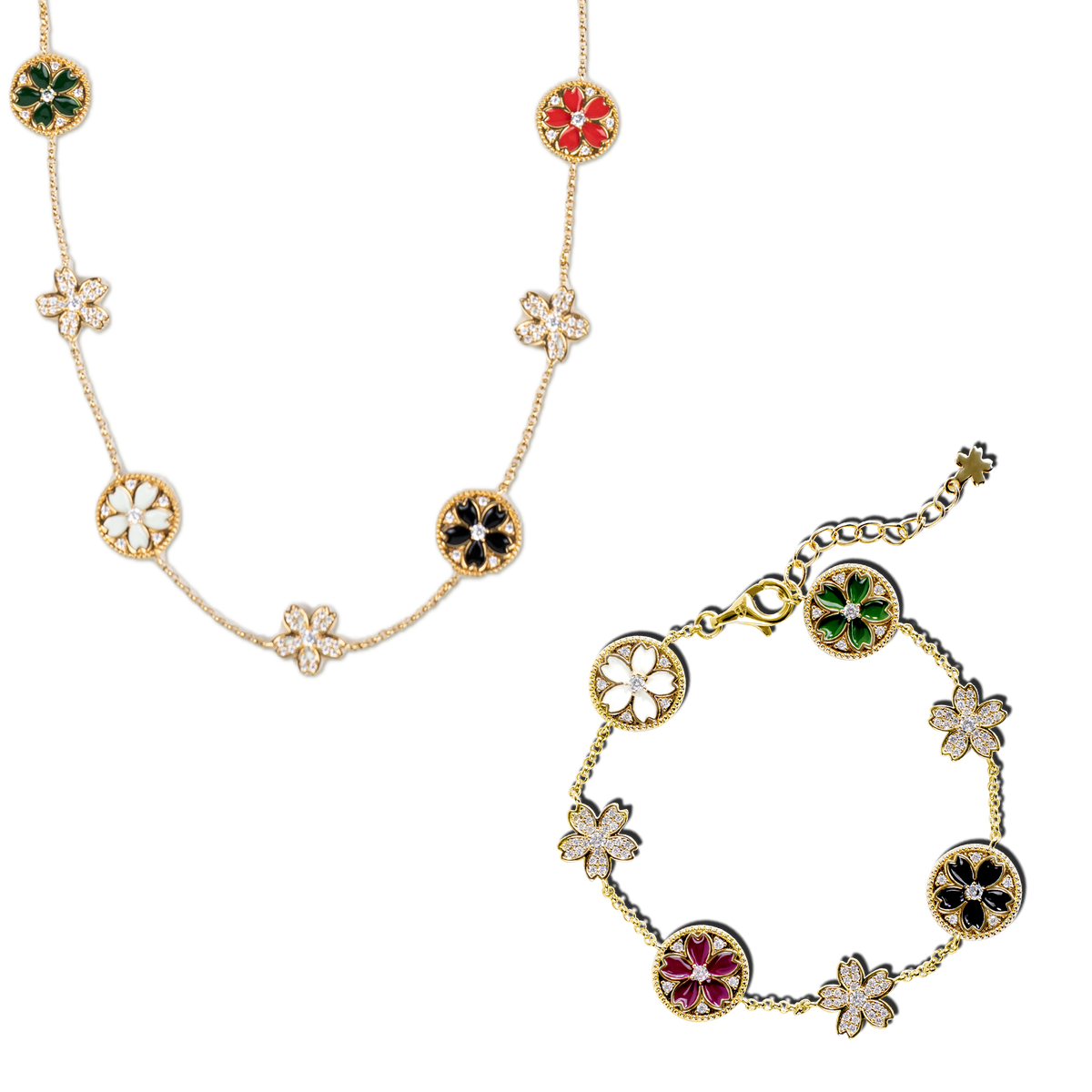 Cherry Blossom Symphony Enamel 14-Flower Sakura Gold Necklace & Enamel 7-Flower Gold Bracelet - BLACK BY BLUE BRAVE