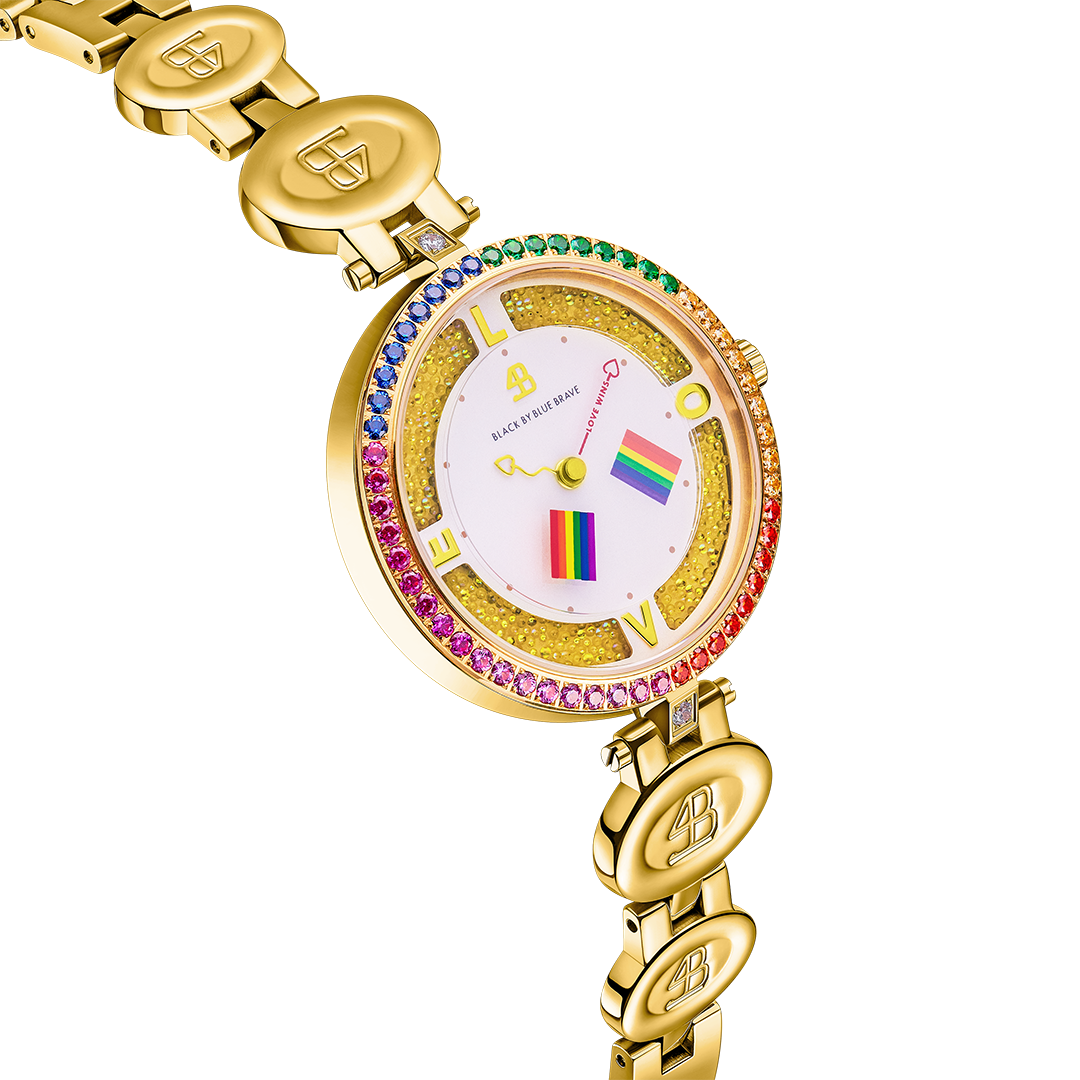 Love Wins 34mm Gold Dial Moving Rainbow Flag Bracelet Watch