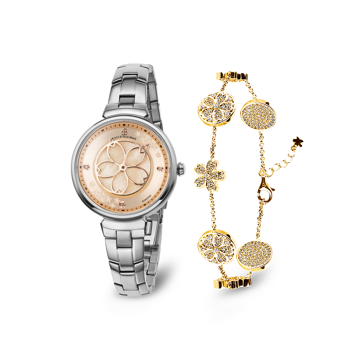 Champagne Cherry Blossom Silver Bracelet Watch With Gold Cherry Blossom Symphony Bracelet - BLACK BY BLUE BRAVE